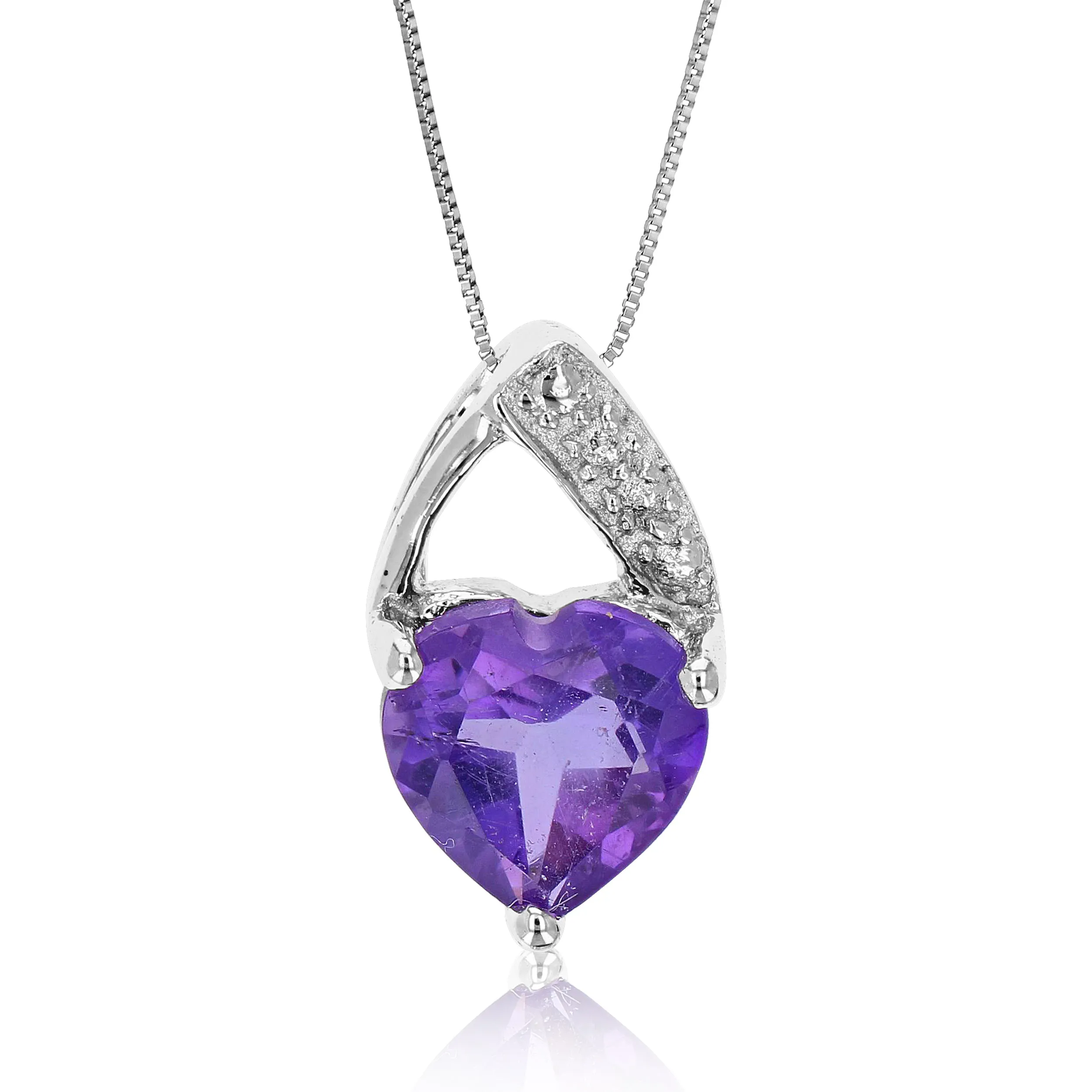 0.70 cttw Pendant Necklace, Purple Amethyst Heart Pendant Necklace for Women in .925 Sterling Silver with Rhodium, 18 Inch Chain, Prong Setting