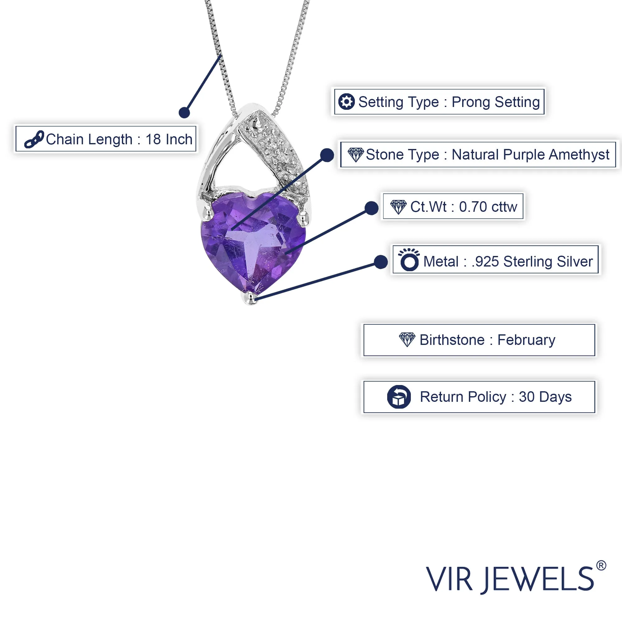 0.70 cttw Pendant Necklace, Purple Amethyst Heart Pendant Necklace for Women in .925 Sterling Silver with Rhodium, 18 Inch Chain, Prong Setting