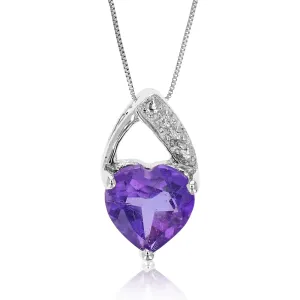 0.70 cttw Pendant Necklace, Purple Amethyst Heart Pendant Necklace for Women in .925 Sterling Silver with Rhodium, 18 Inch Chain, Prong Setting