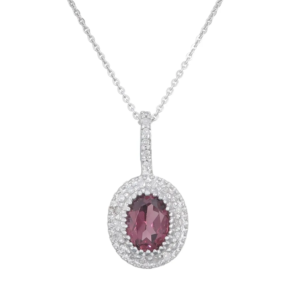 1 cttw Diamond Pendant, Oval Shape Garnet and Diamond Pendant Necklace for Women in 14K White Gold with 18 Inch Chain, Prong Setting