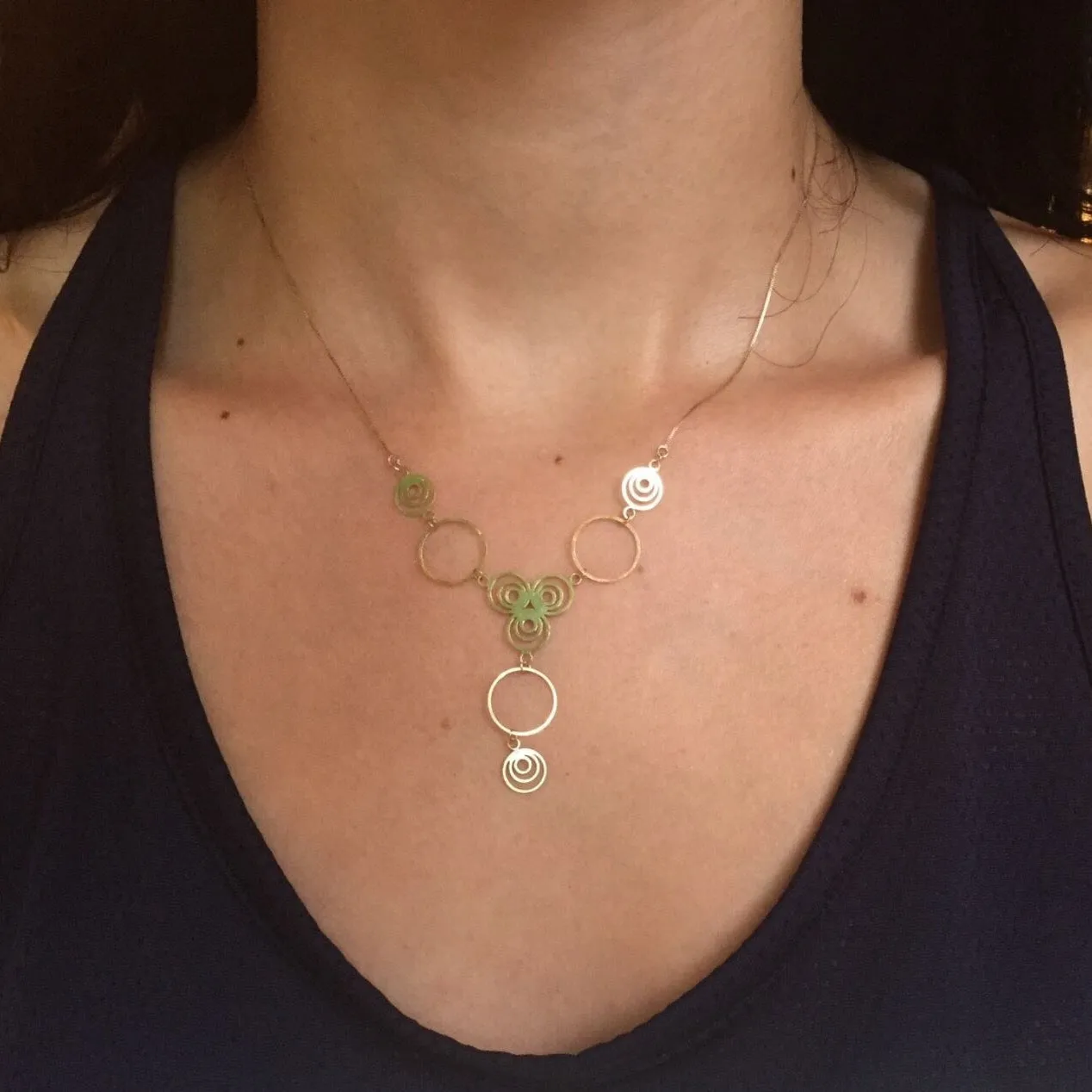 10KT Yellow Gold Link Chain   Circles Lariat Necklace