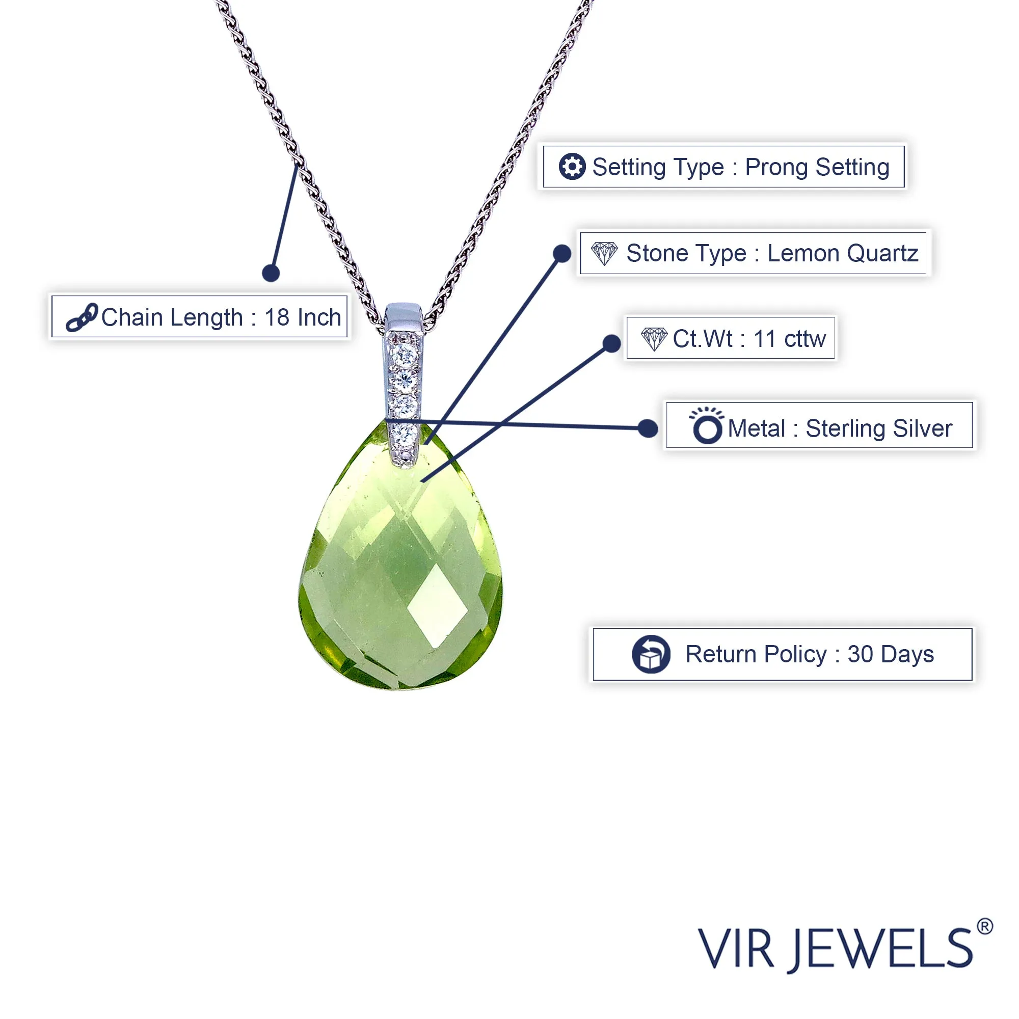 11 cttw Pendant Necklace, Lemon Quartz Pear Shape Pendant Necklace for Women in .925 Sterling Silver with Rhodium Plating, 18 Inch Chain, Prong Setting