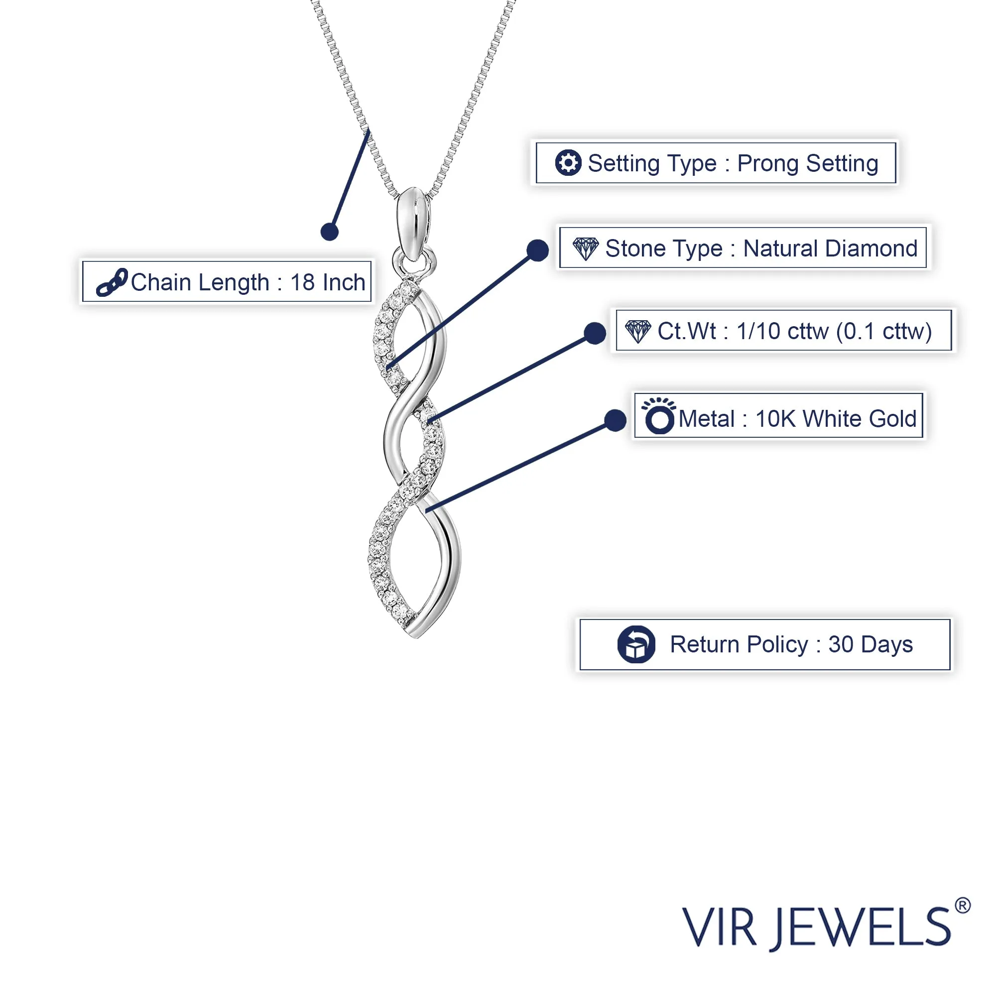 1/10 cttw Diamond Pendant Twisted Necklace in 10K White Gold