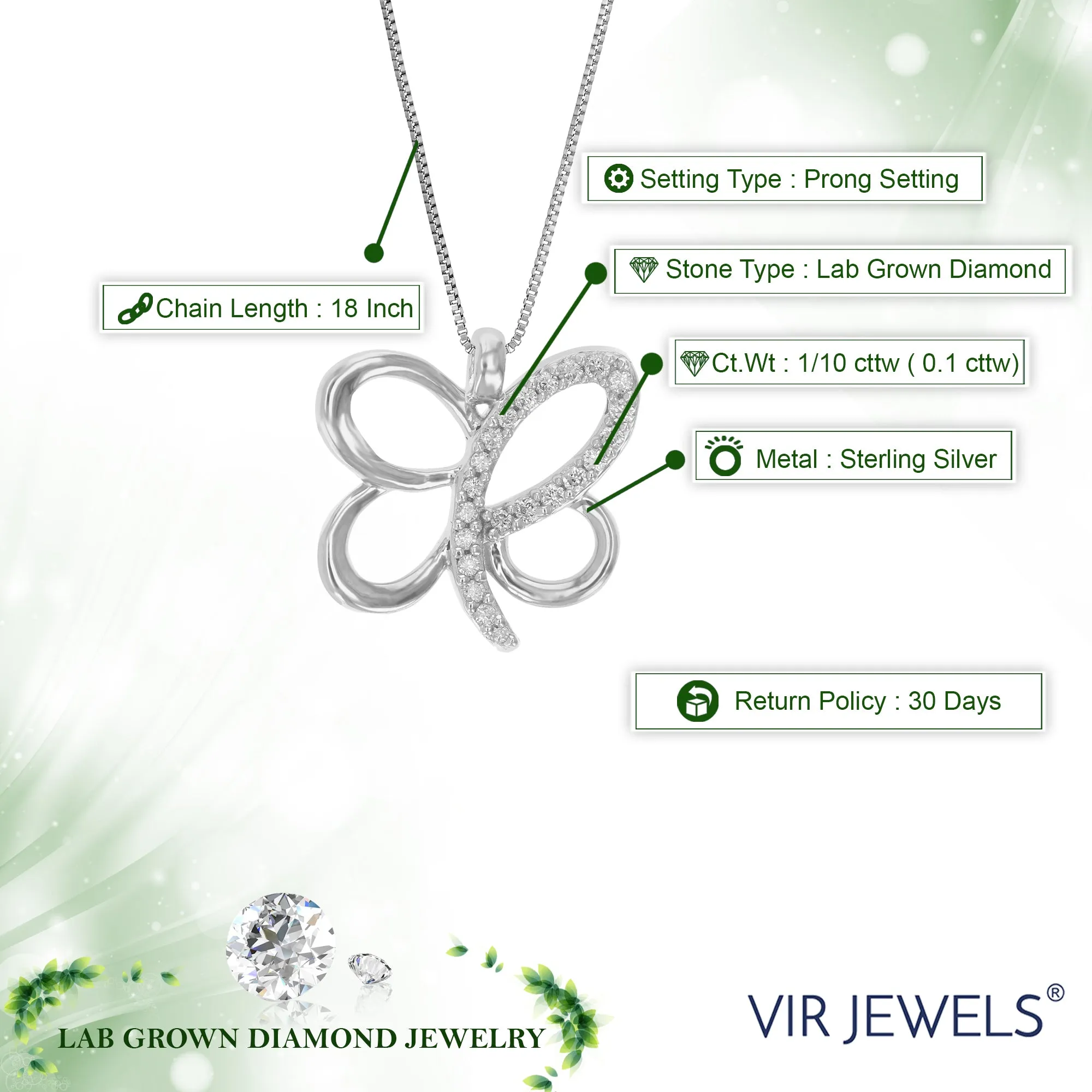 1/10 cttw Lab Grown Diamond Butterfly Pendant in Sterling Silver