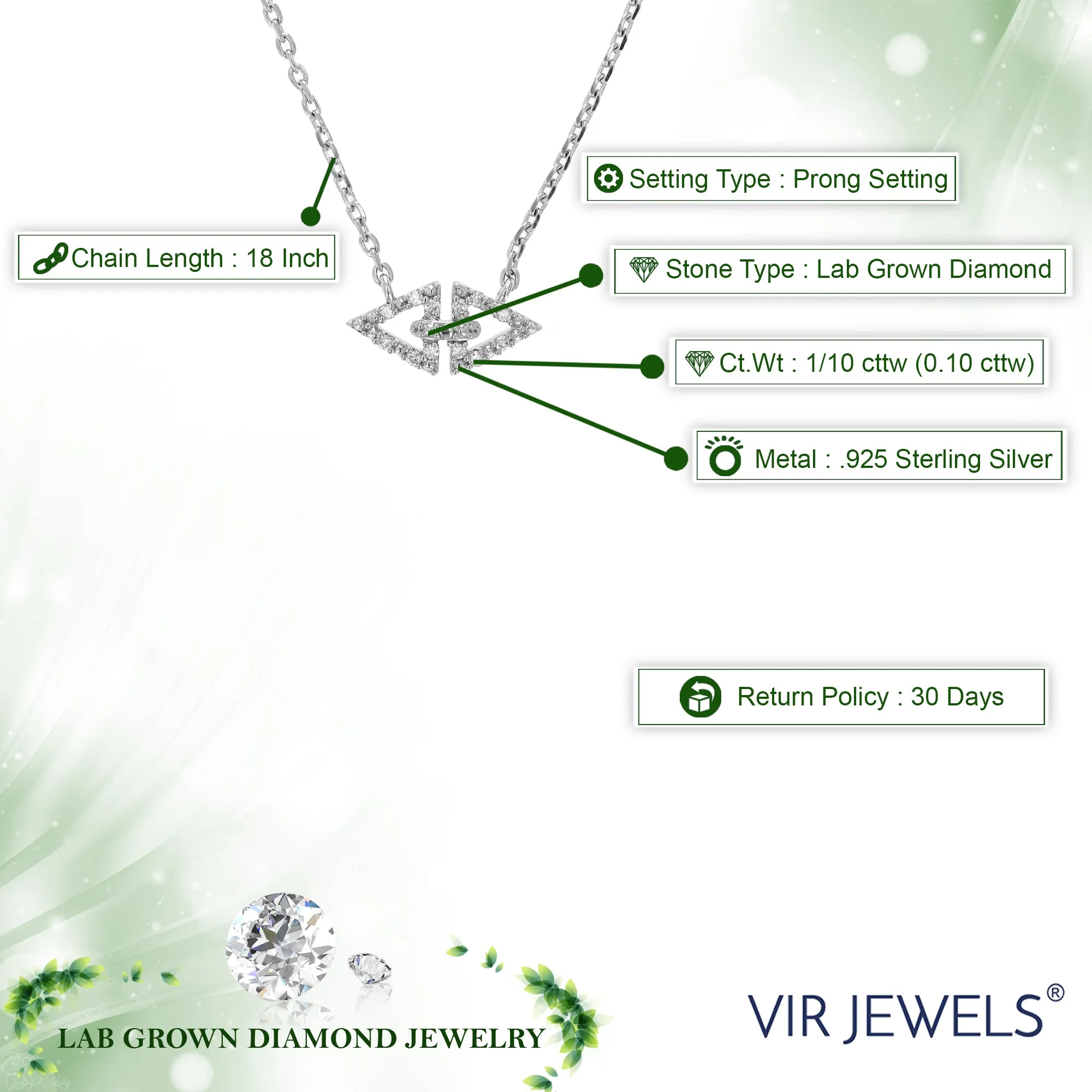 1/10 cttw Lab Grown Diamond Direction Pendant in Sterling Silver