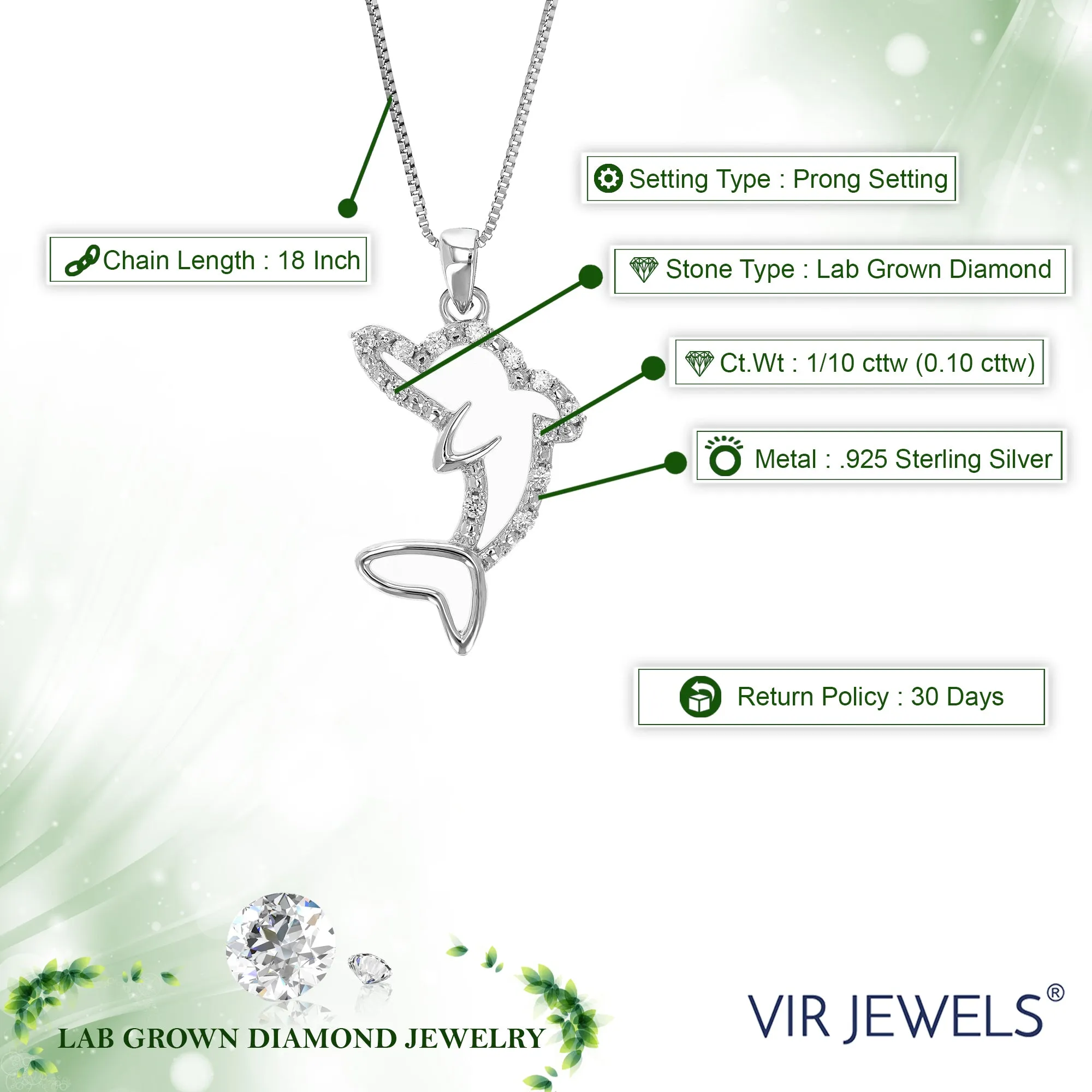 1/10 cttw Lab Grown Diamond Dolphin Pendant in Sterling Silver