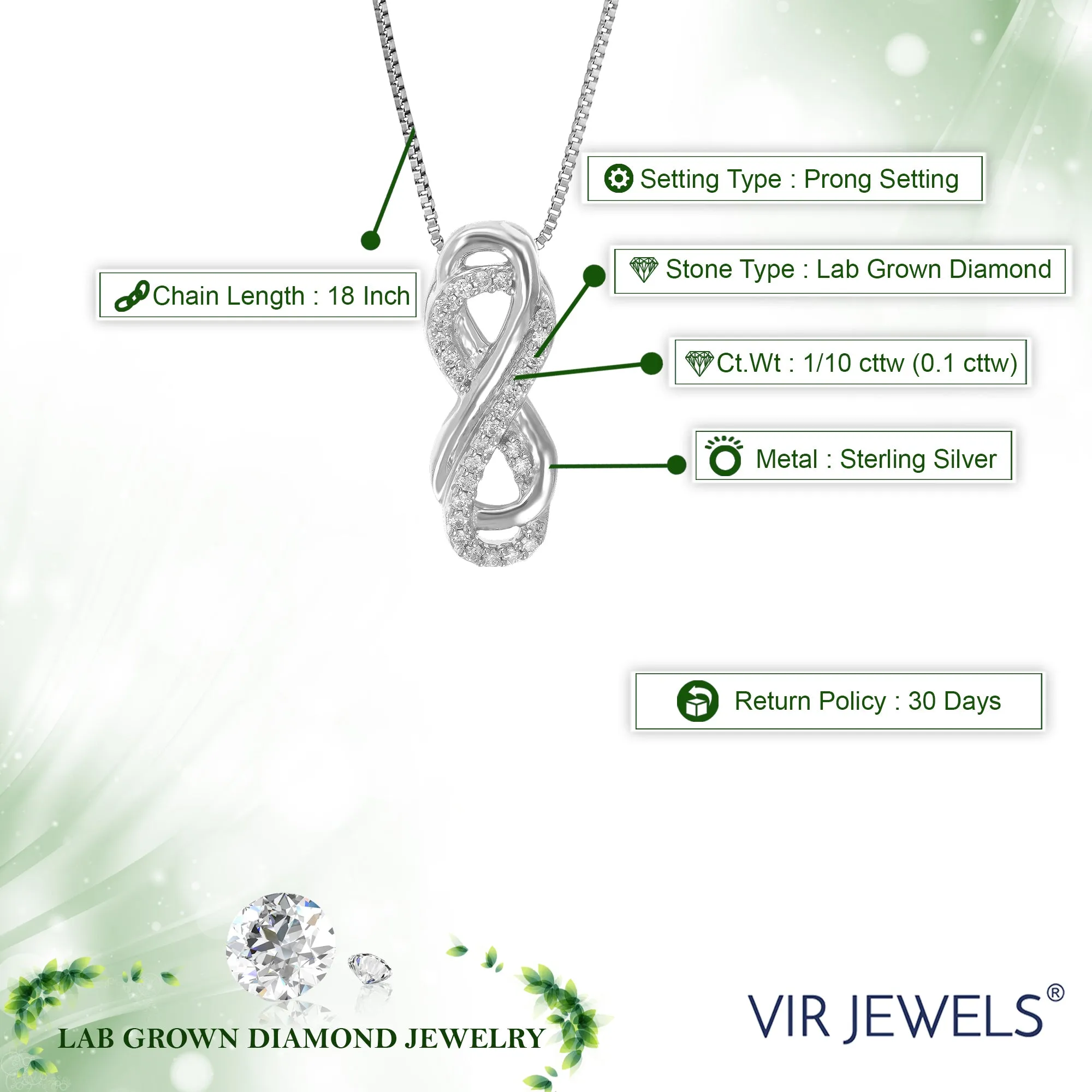 1/10 cttw Lab Grown Diamond Double Infinity Pendant in Silver