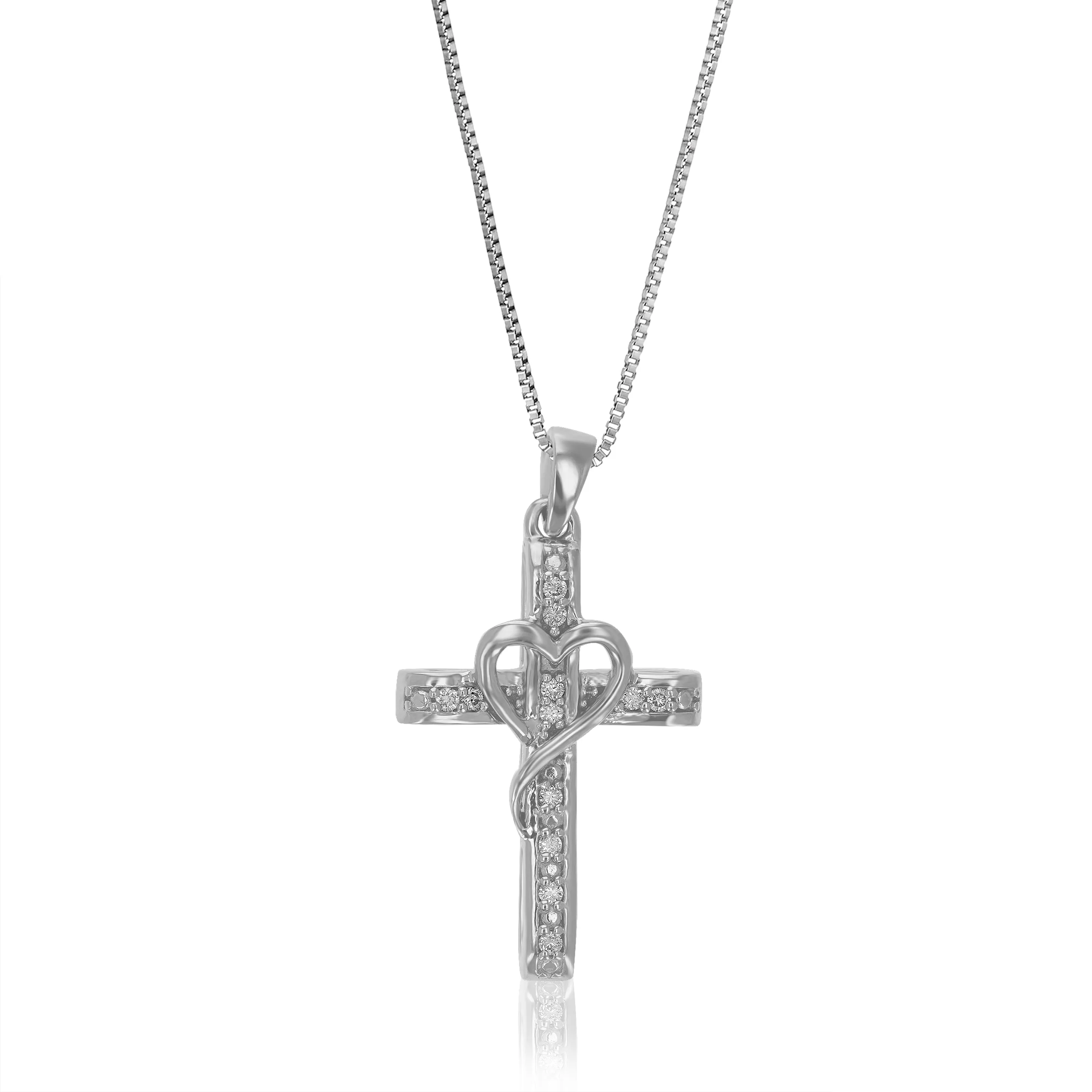 1/10 cttw Lab Grown Diamond Heart Cross Pendant Necklaces Silver