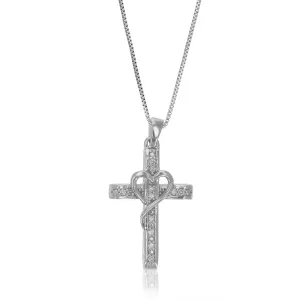 1/10 cttw Lab Grown Diamond Heart Cross Pendant Necklaces Silver