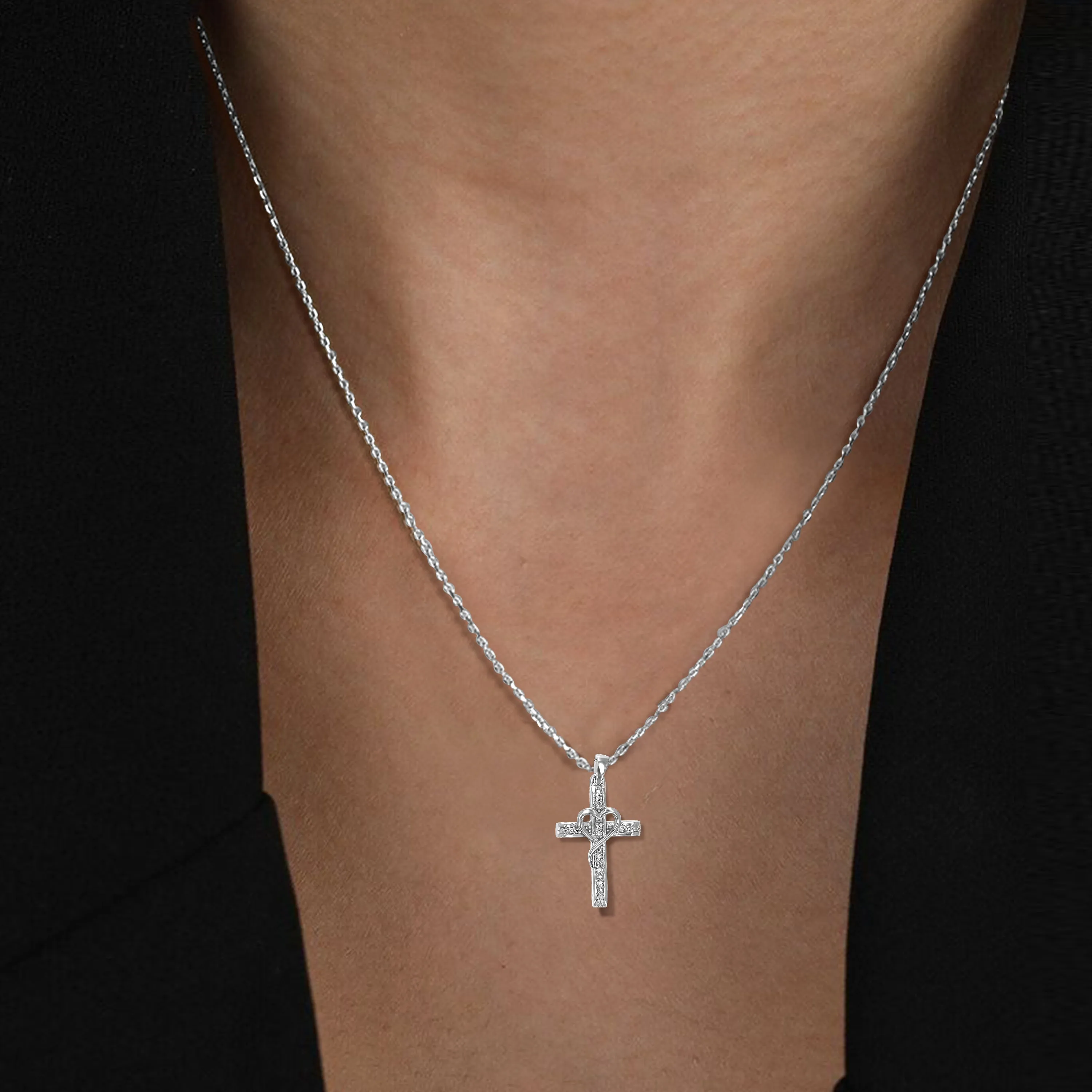 1/10 cttw Lab Grown Diamond Heart Cross Pendant Necklaces Silver