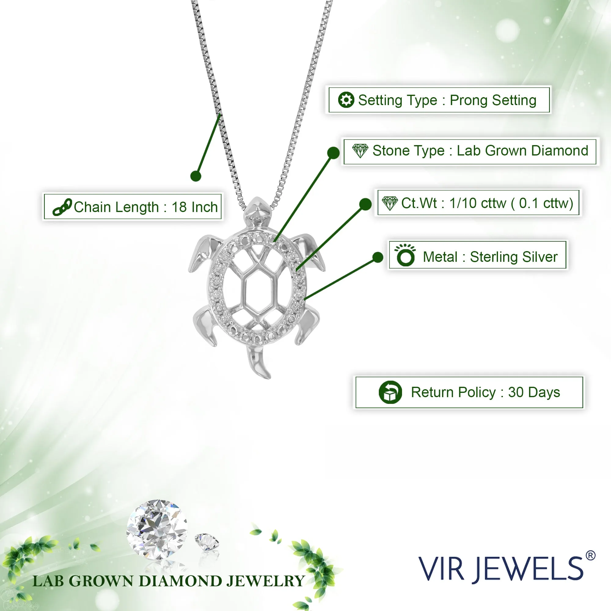 1/10 cttw Lab Grown Diamond Turtle Pendant in Sterling Silver
