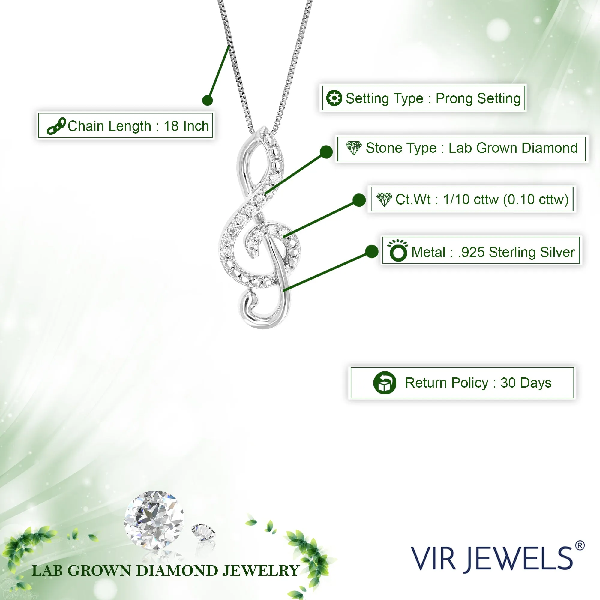 1/10 cttw Lab Grown Musical Note Diamond Pendant in Silver