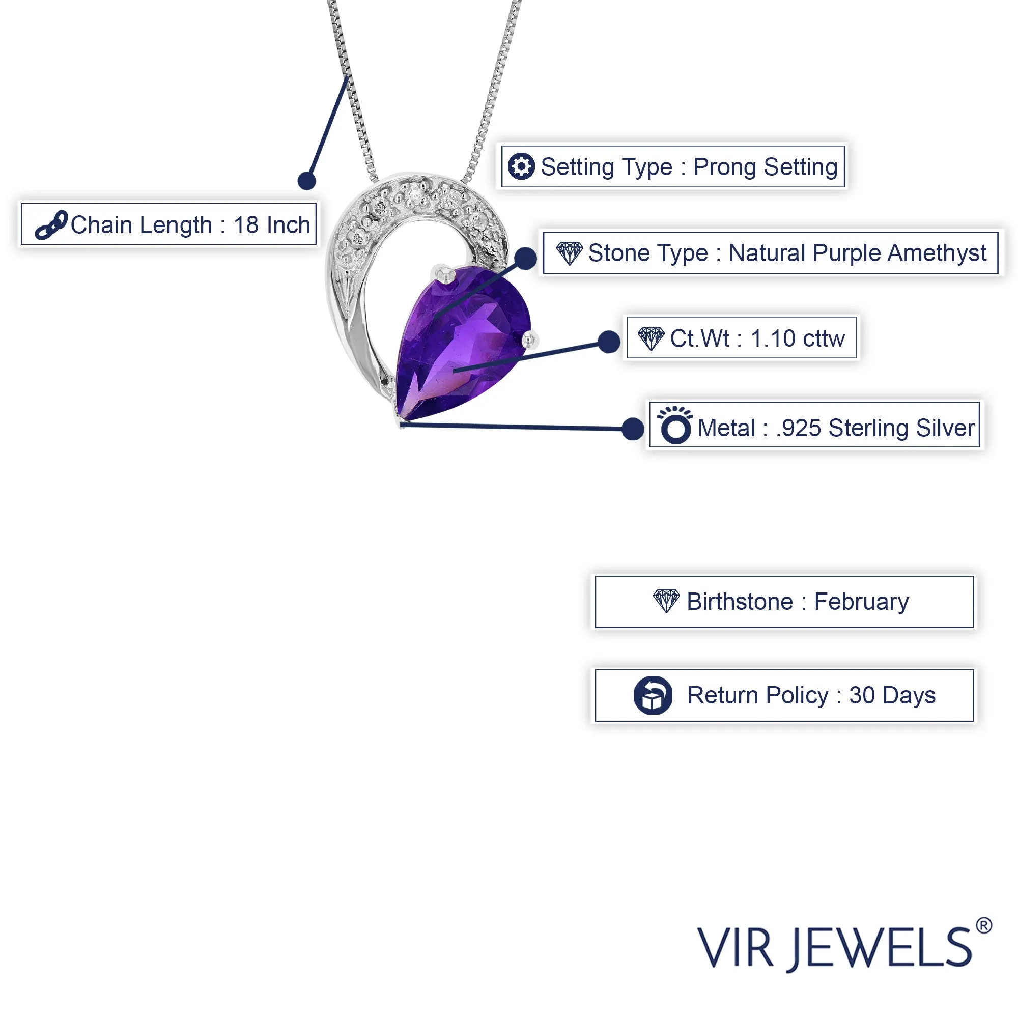 1.10 cttw Pendant Necklace, Purple Amethyst Pear Shape Pendant Necklace for Women in .925 Sterling Silver with Rhodium, 18 Inch Chain, Prong Setting
