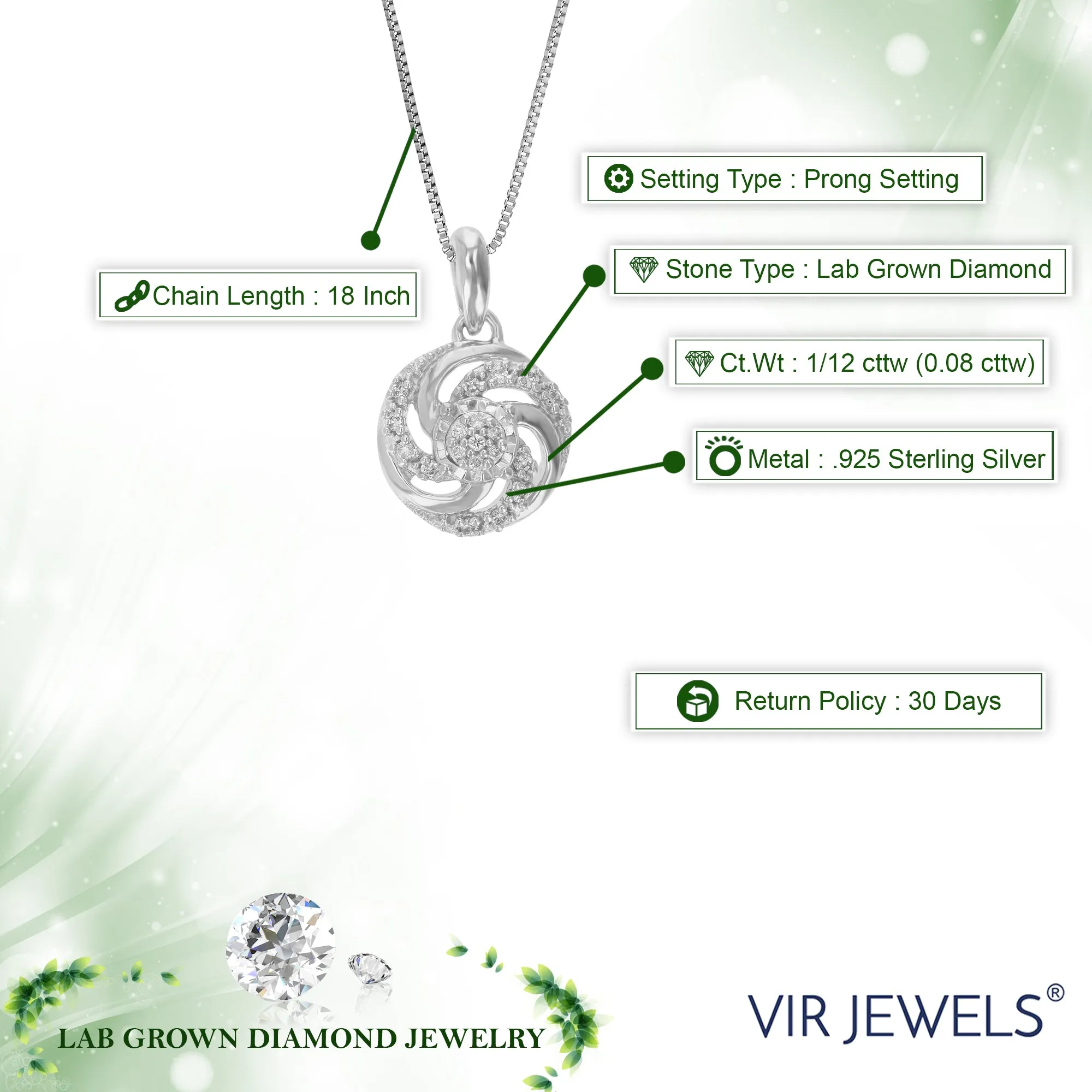 1/12 cttw Lab Grown Diamond Floral Pendant in Sterling Silver