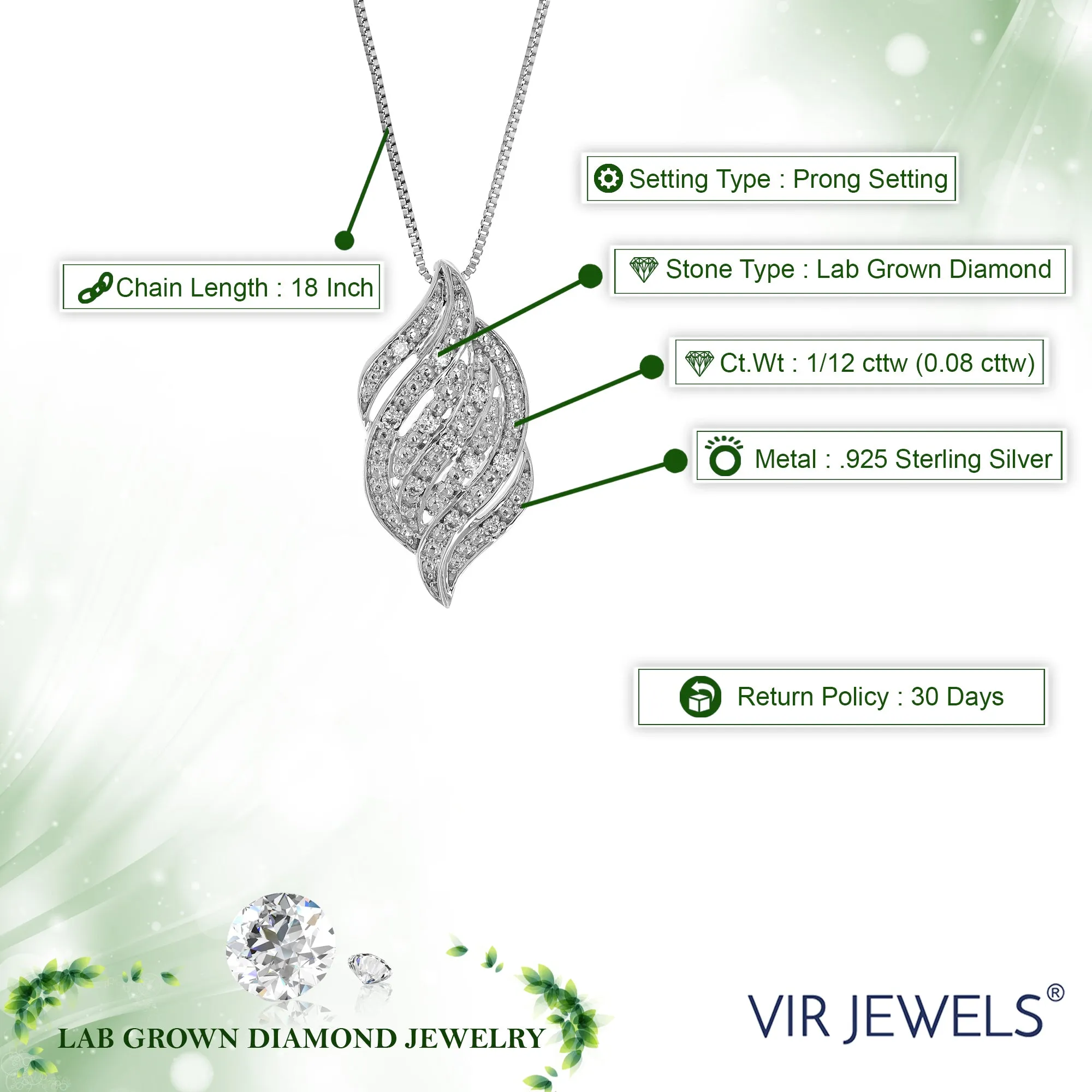 1/12 cttw Lab Grown Diamond Swirl Pendant in Sterling Silver