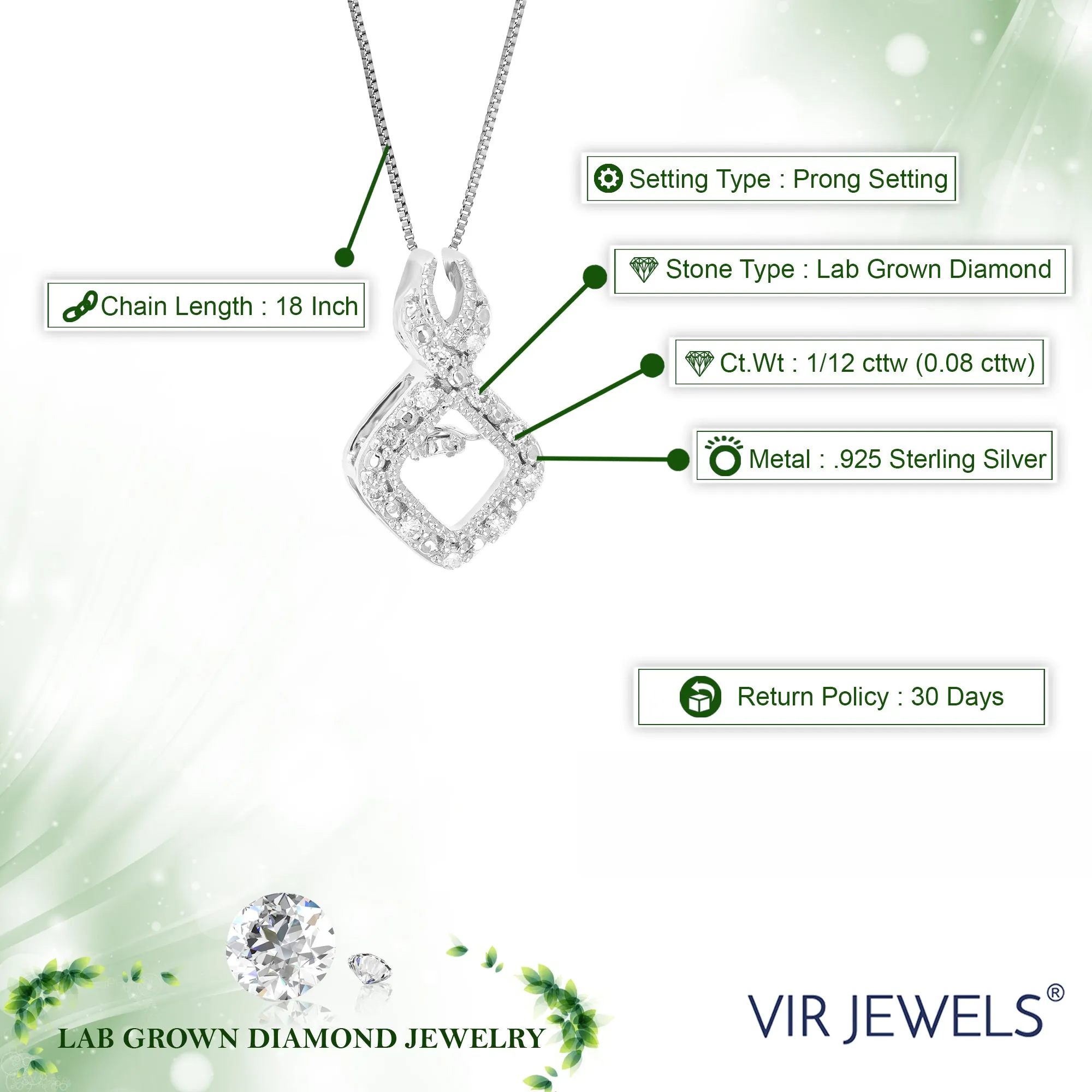 1/12 cttw Lab Grown White Diamond Pendant in Sterling Silver