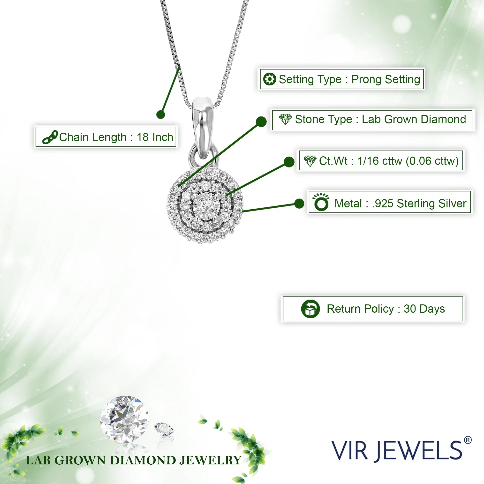 1/16 cttw Lab Grown Diamond Cluster Pendant in Sterling Silver