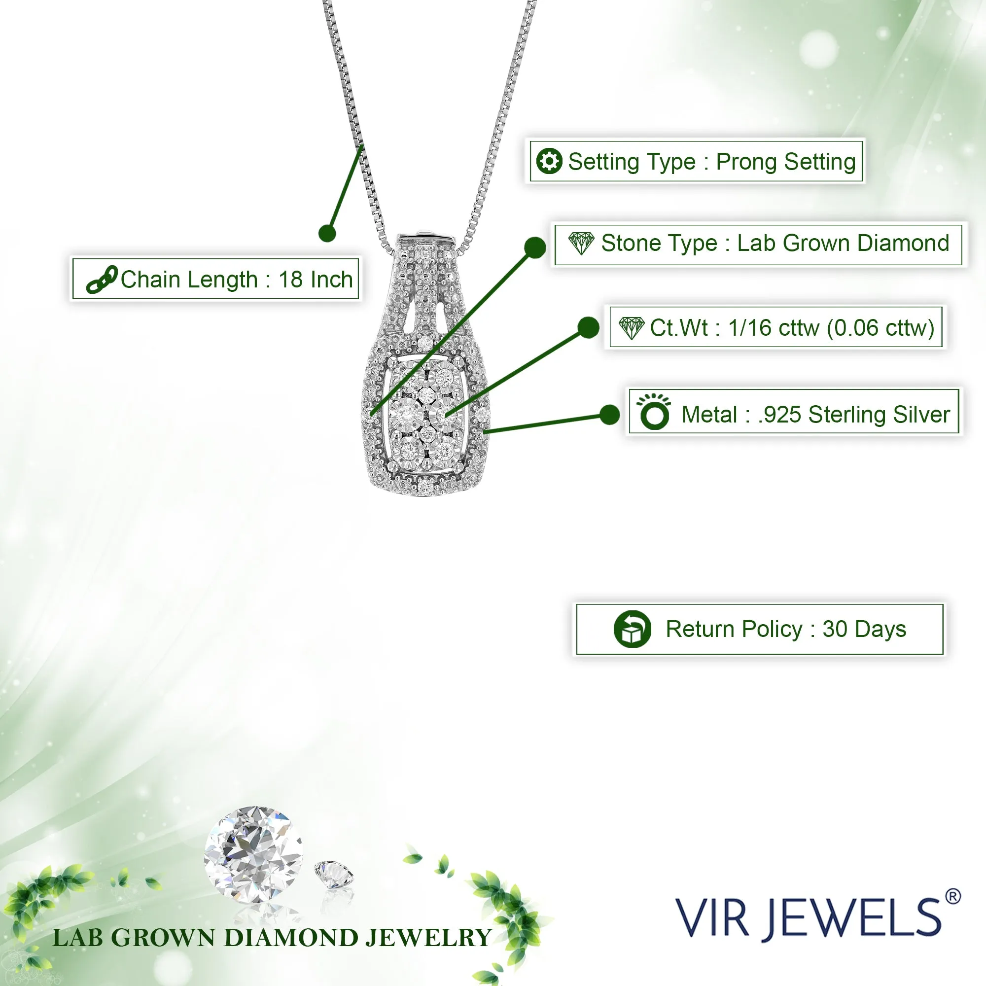 1/16 cttw Lab Grown Diamond Emerald Cluster Pendant in Silver