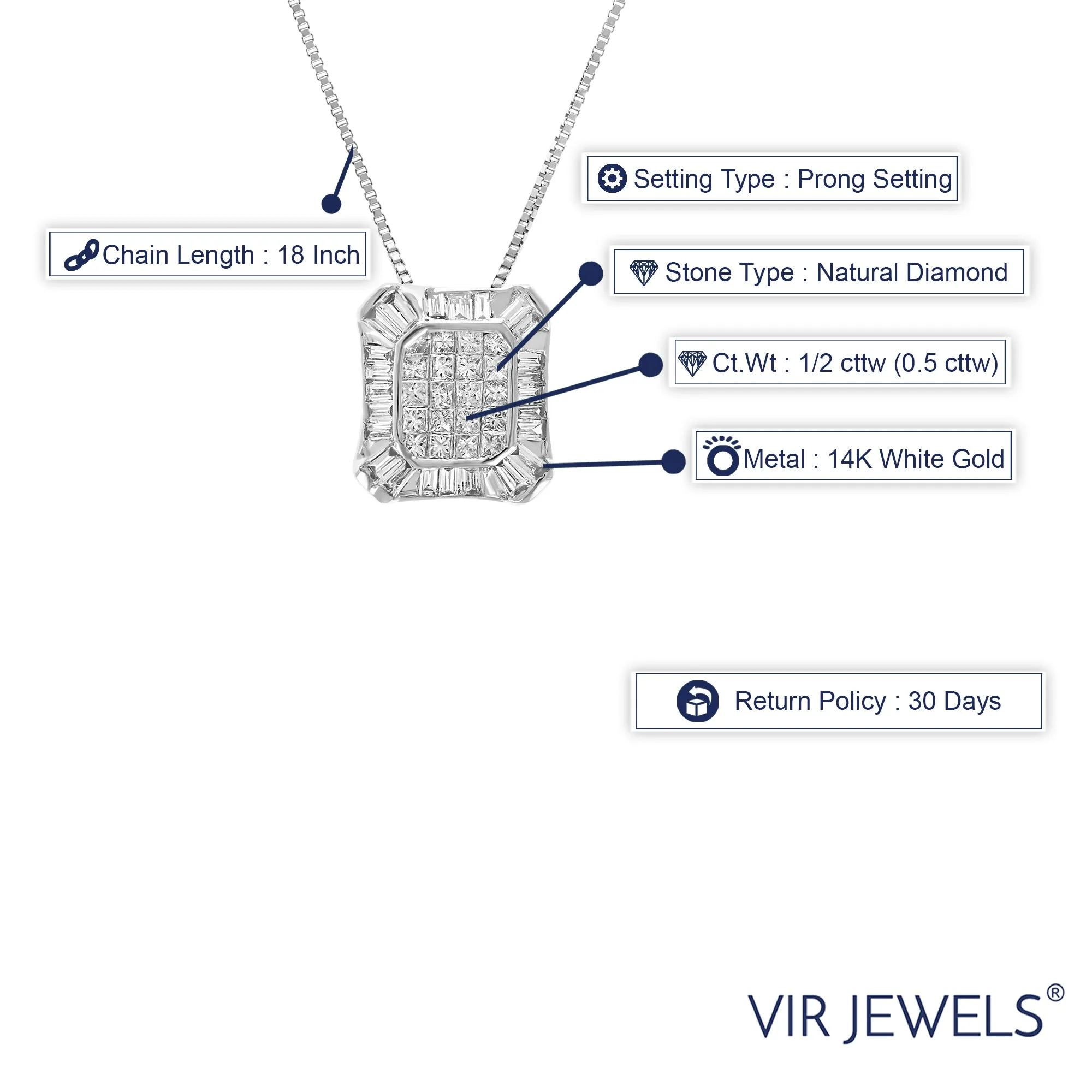 1/2 cttw Princess Diamond Cushion Cluster Pendant in 14K White Gold
