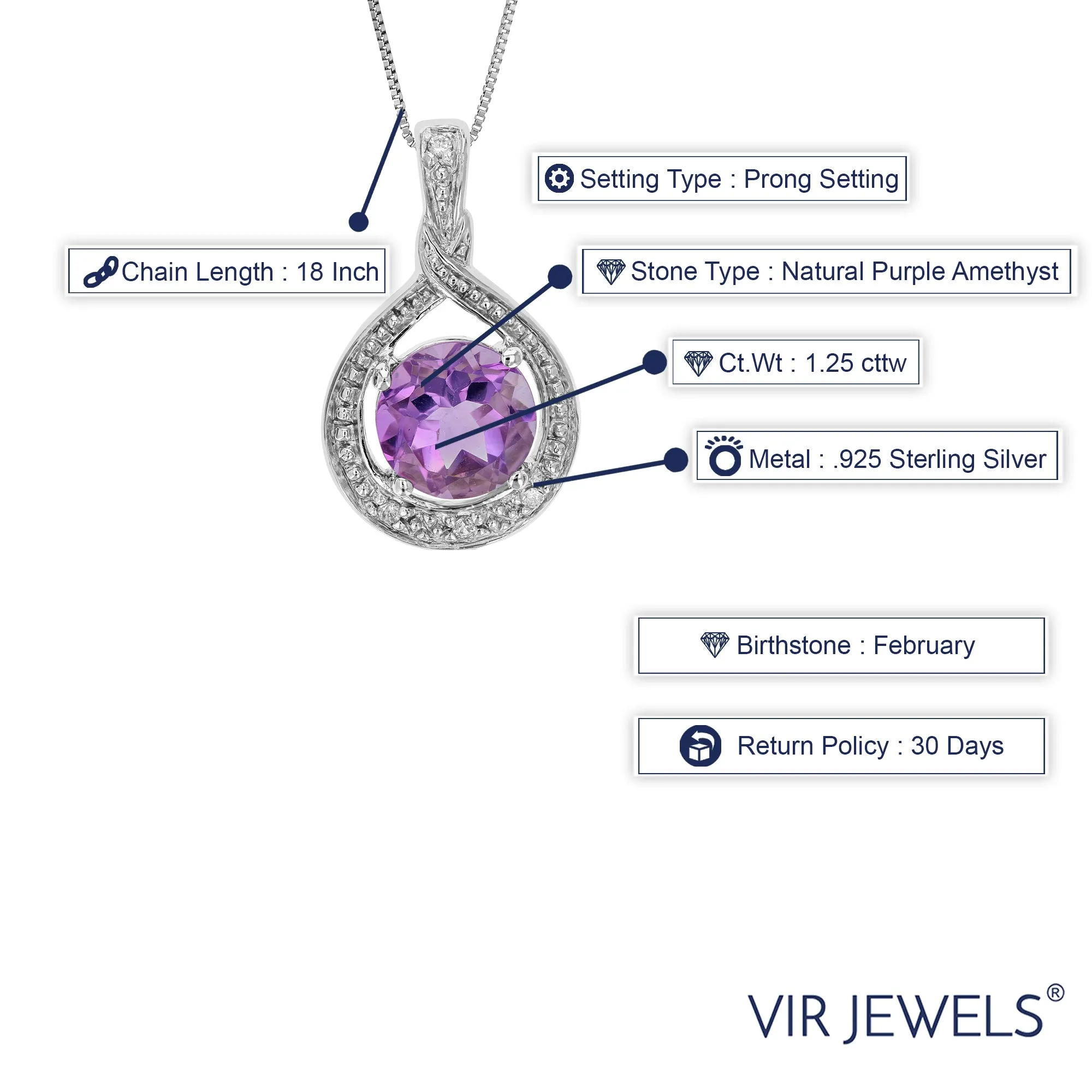 1.25 cttw Pendant Necklace, Purple Amethyst Pendant Necklace for Women in .925 Sterling Silver with Rhodium, 18 Inch Chain, Prong Setting