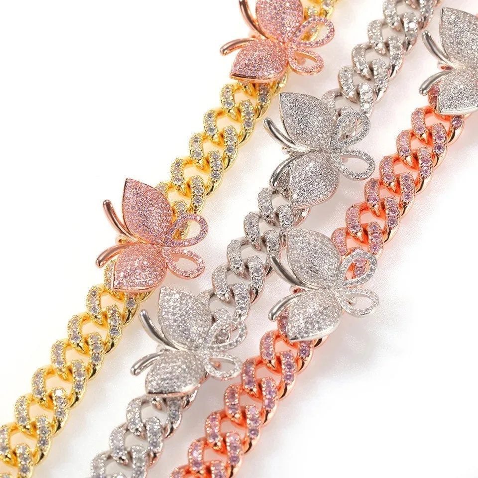 12mm CZ cuban butterfly choker , butterfly cuban Necklace ,Iced Out Zircon custom Color Luxury Bling butterfly pendant