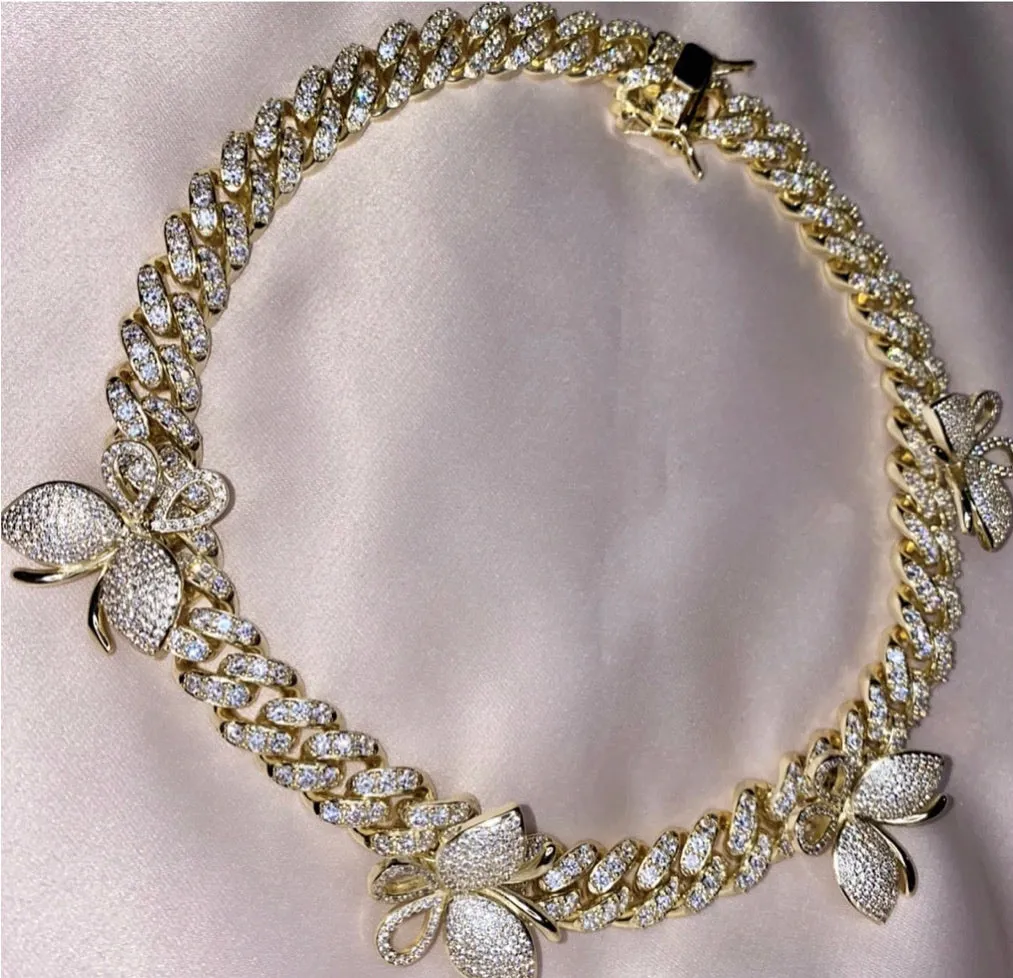 12mm CZ cuban butterfly choker , butterfly cuban Necklace ,Iced Out Zircon custom Color Luxury Bling butterfly pendant