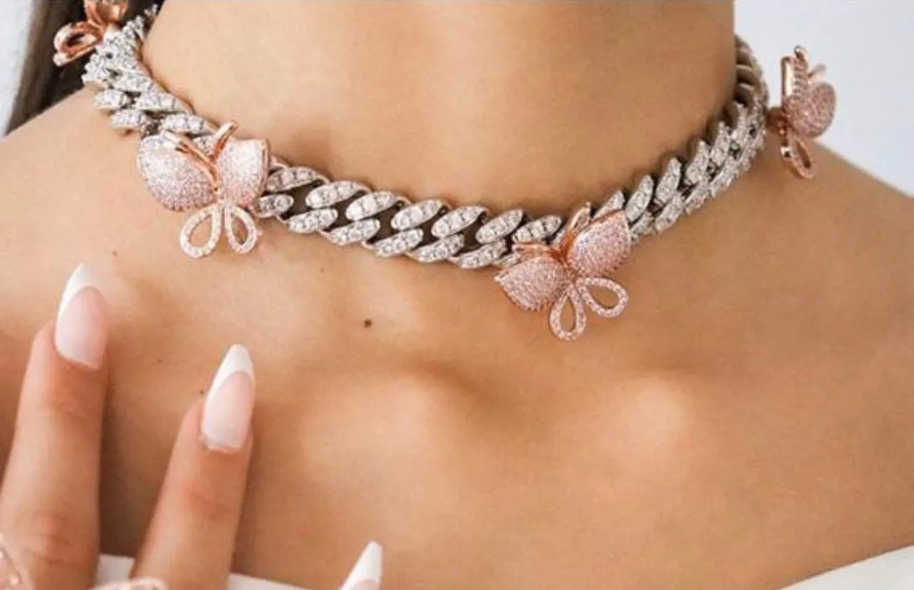 12mm CZ cuban butterfly choker , butterfly cuban Necklace ,Iced Out Zircon custom Color Luxury Bling butterfly pendant
