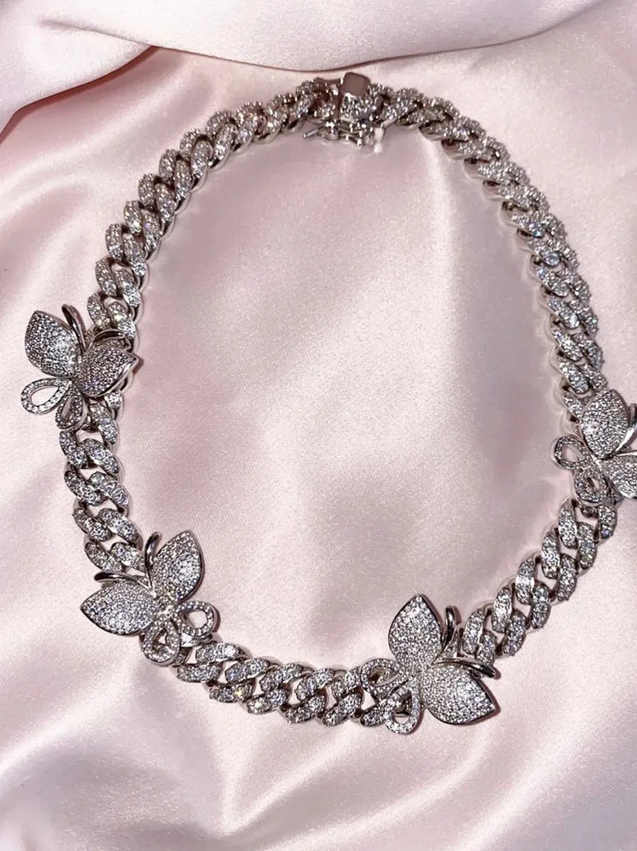 12mm CZ cuban butterfly choker , butterfly cuban Necklace ,Iced Out Zircon custom Color Luxury Bling butterfly pendant