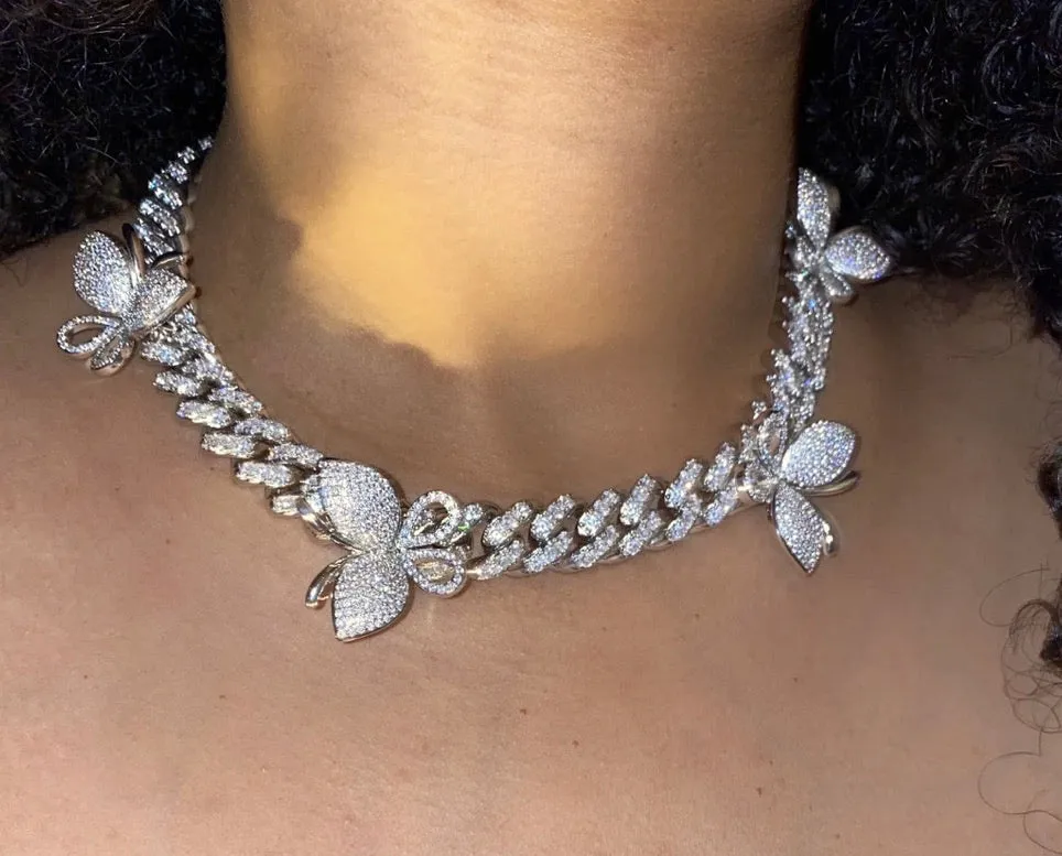 12mm CZ cuban butterfly choker , butterfly cuban Necklace ,Iced Out Zircon custom Color Luxury Bling butterfly pendant