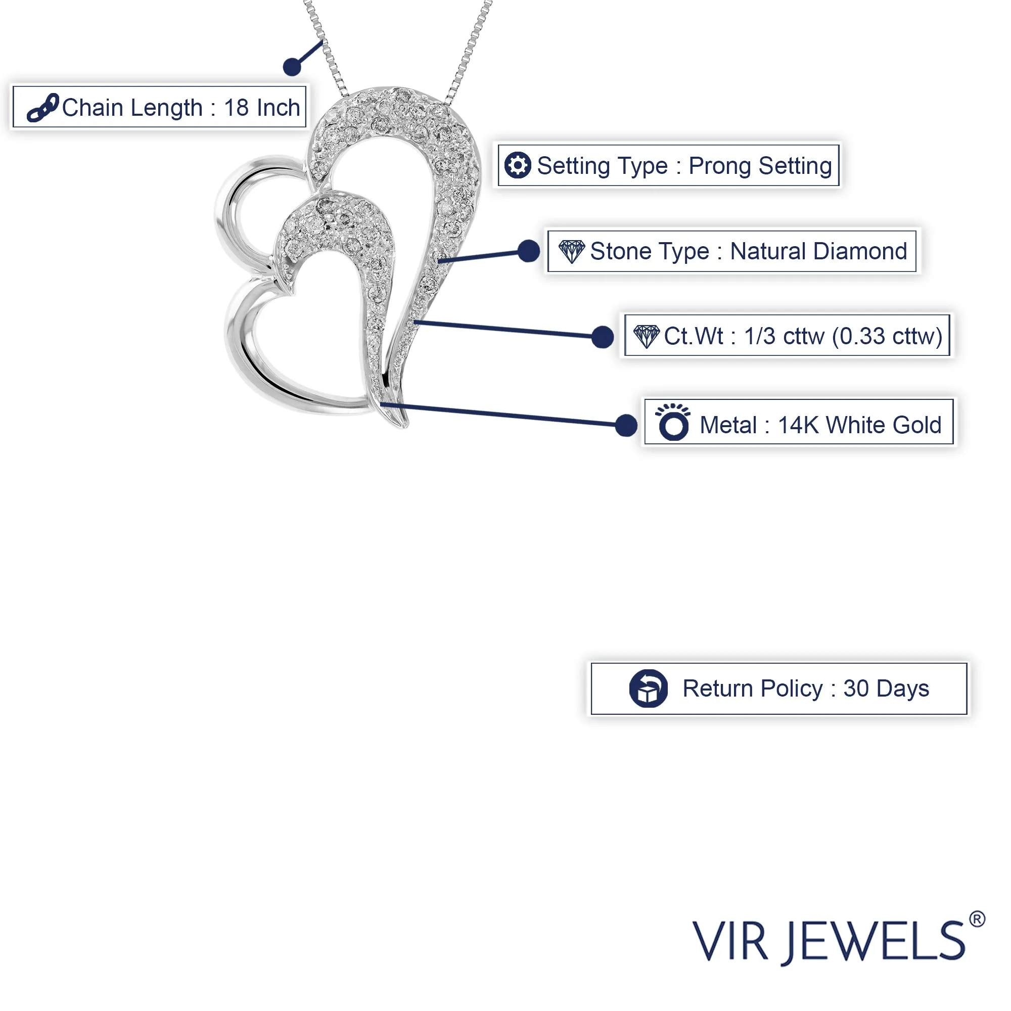 1/3 cttw Diamond Double Heart Pendant Necklace in 14K White Gold