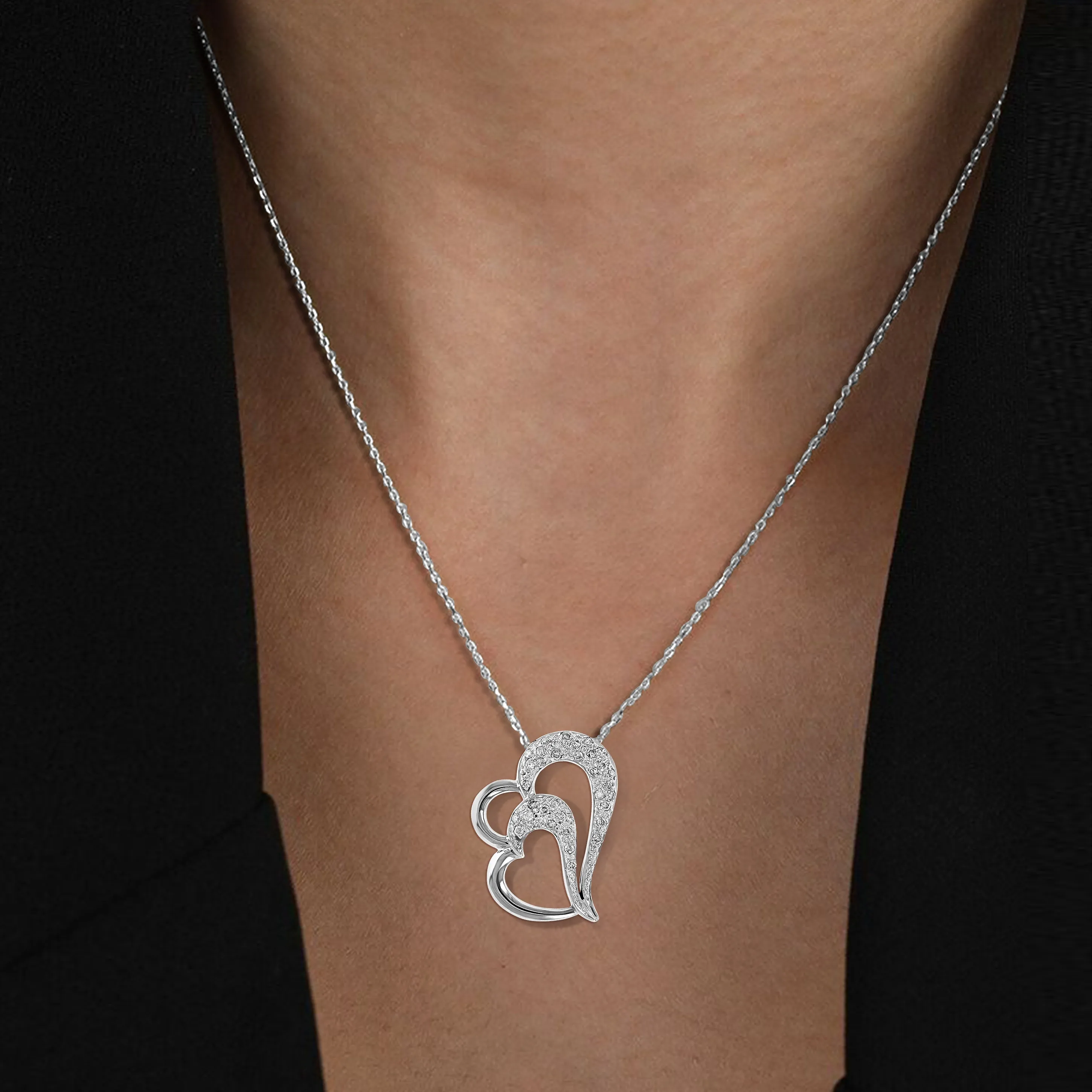 1/3 cttw Diamond Double Heart Pendant Necklace in 14K White Gold