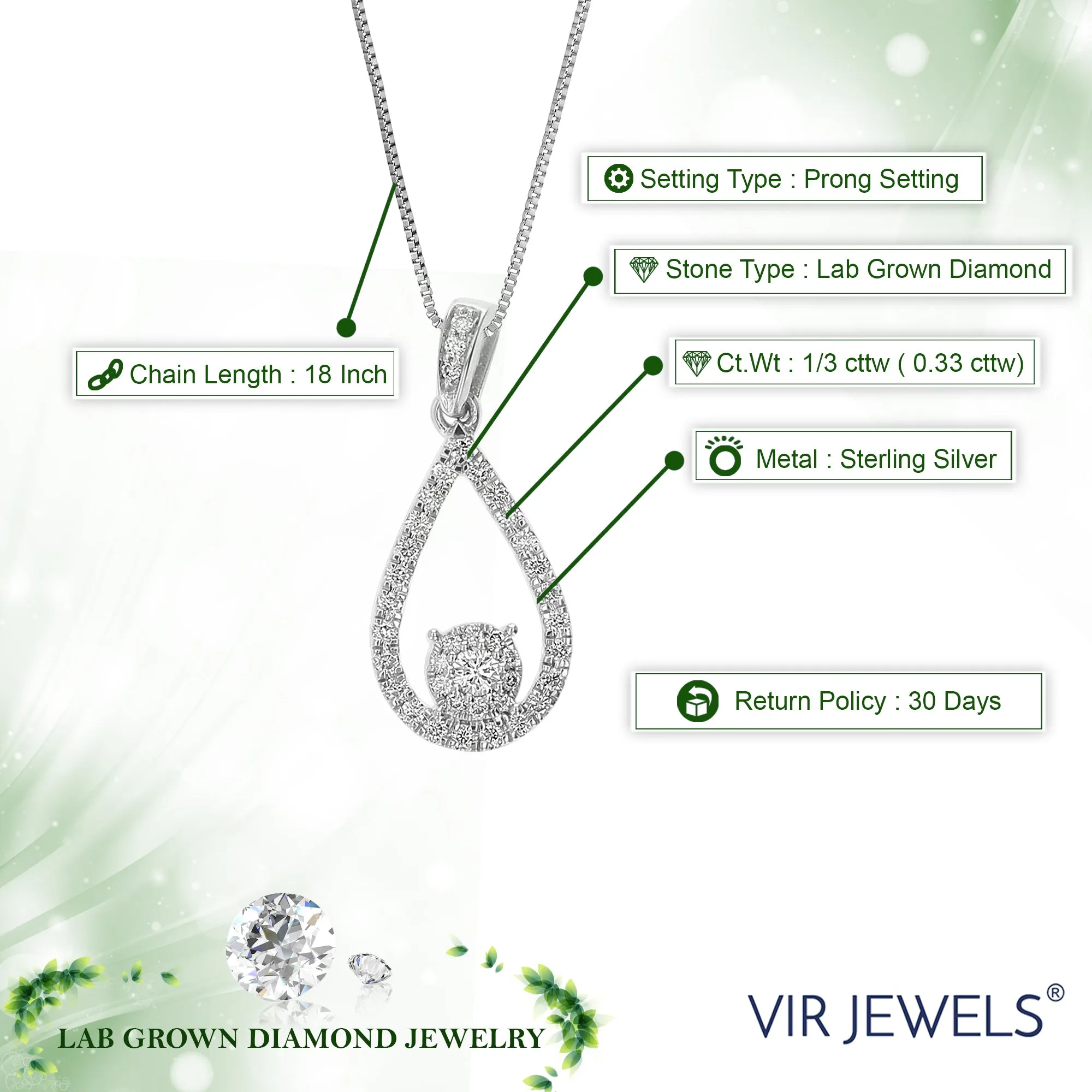 1/3 cttw Lab Grown Diamond Teardrop Pendant Necklaces in Silver
