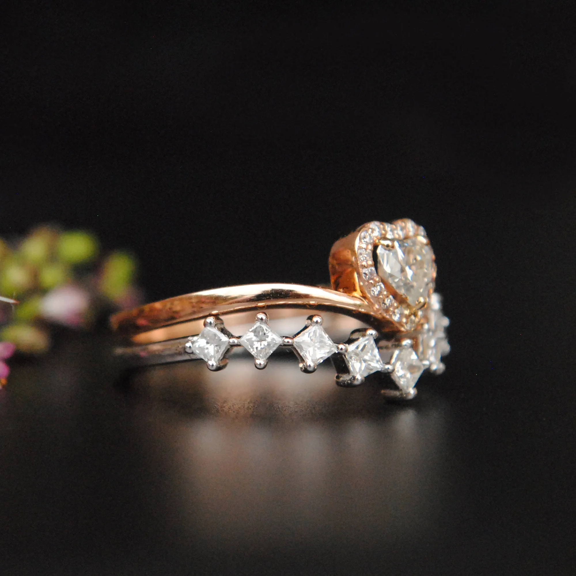 14k Gold Heart Diamond Cut Engagement Ring and Princess Cut Diamond Stack V Wedding Band Set