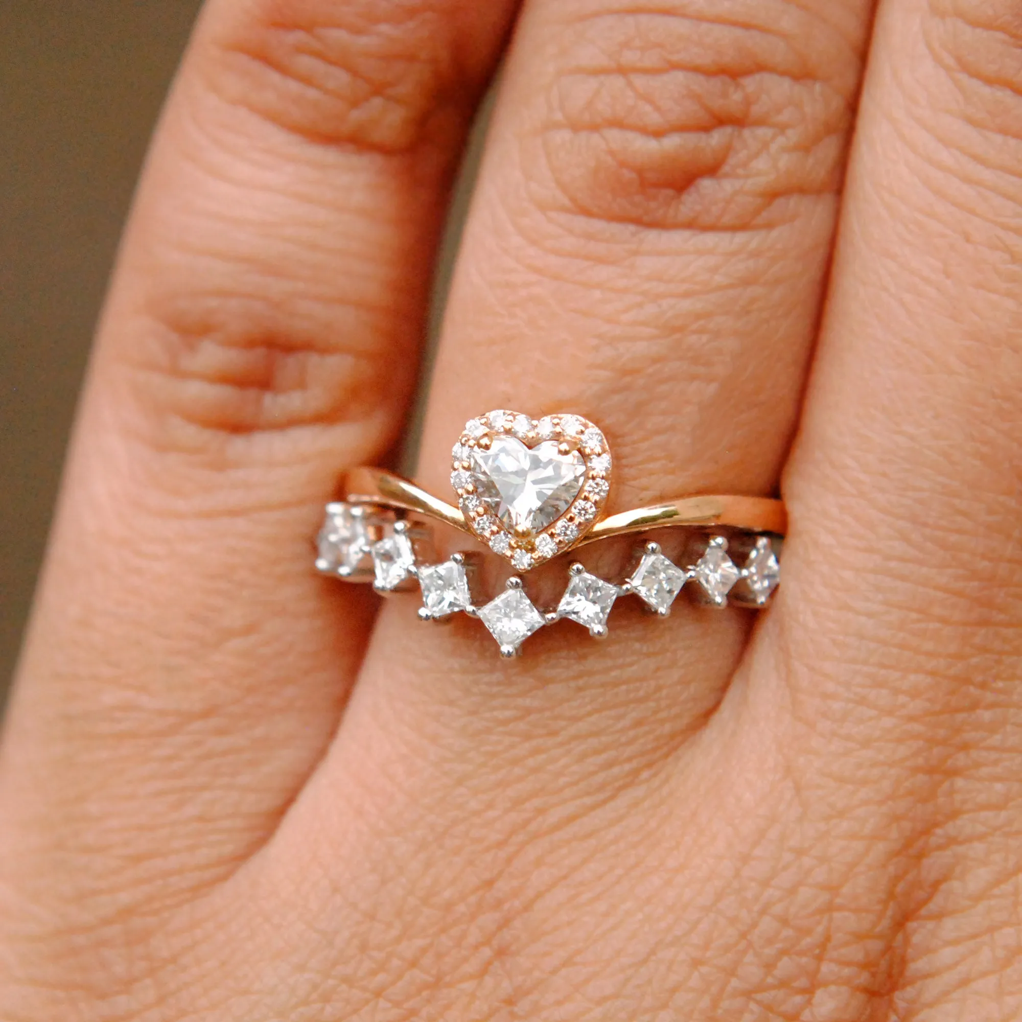 14k Gold Heart Diamond Cut Engagement Ring and Princess Cut Diamond Stack V Wedding Band Set