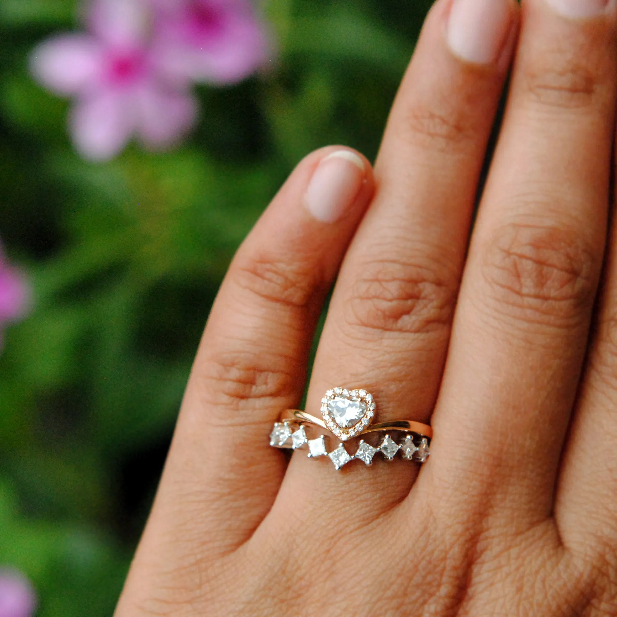 14k Gold Heart Diamond Cut Engagement Ring and Princess Cut Diamond Stack V Wedding Band Set
