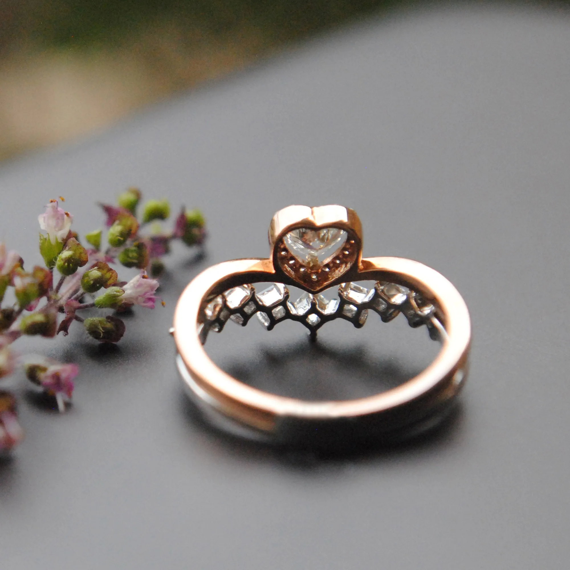 14k Gold Heart Diamond Cut Engagement Ring and Princess Cut Diamond Stack V Wedding Band Set