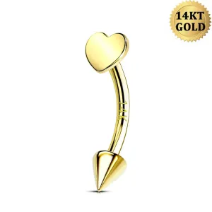 14K Solid Gold 16G Flat Heart Top Eyebrow Rook Ring