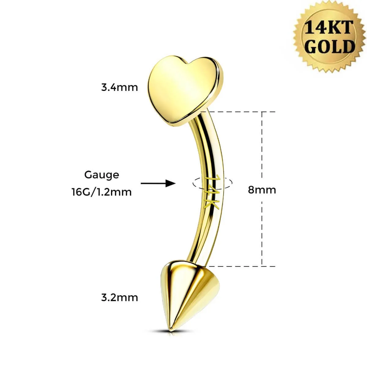 14K Solid Gold 16G Flat Heart Top Eyebrow Rook Ring