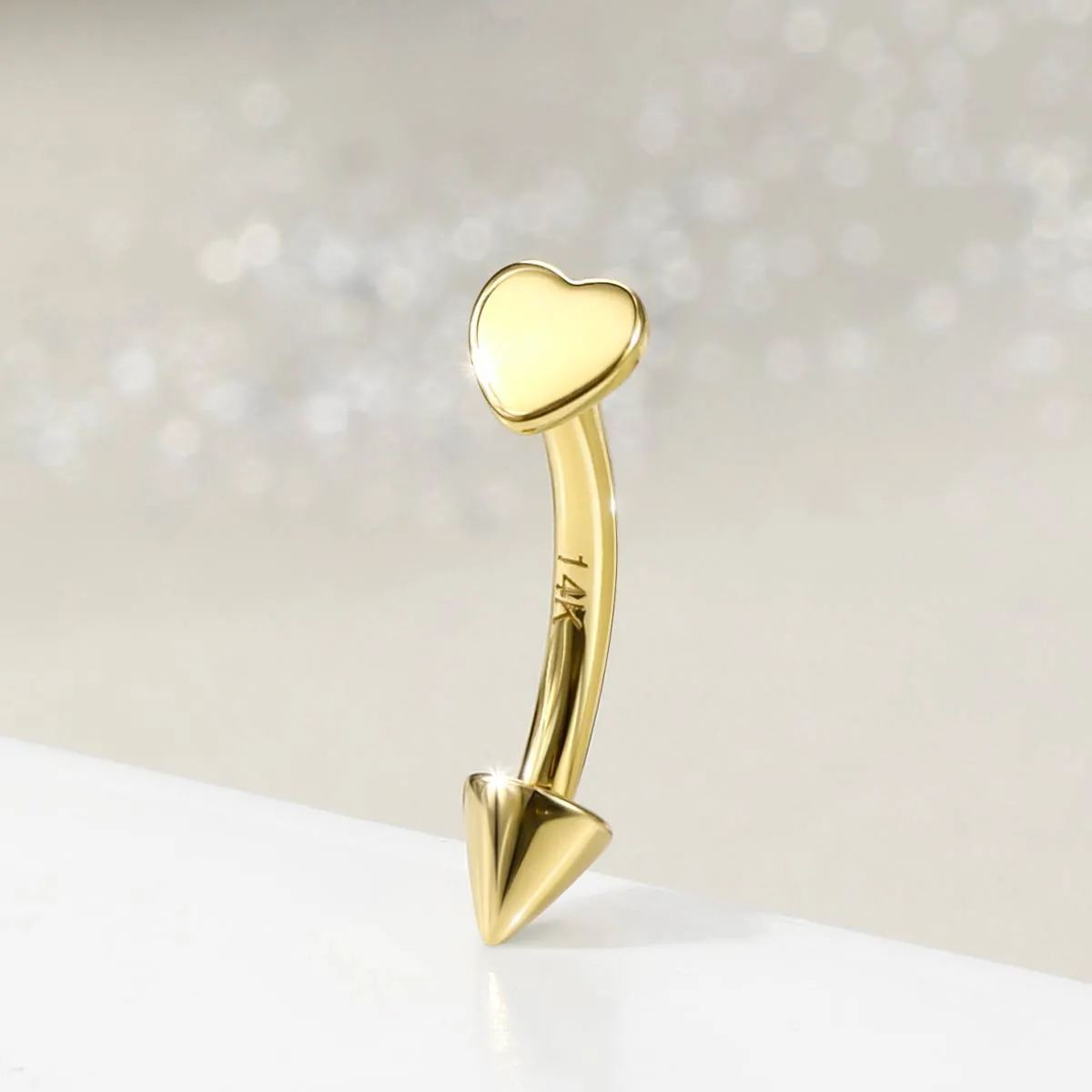 14K Solid Gold 16G Flat Heart Top Eyebrow Rook Ring