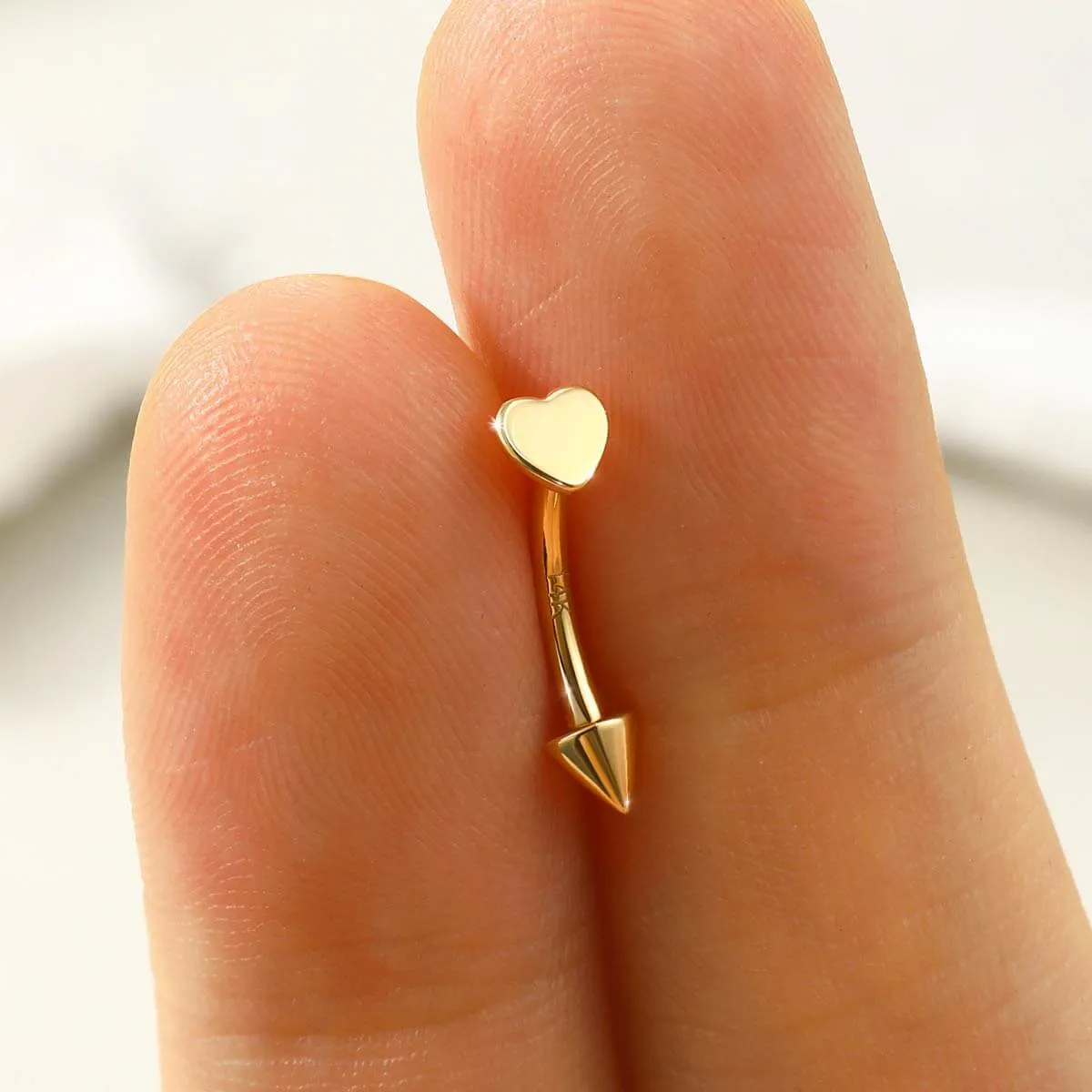 14K Solid Gold 16G Flat Heart Top Eyebrow Rook Ring