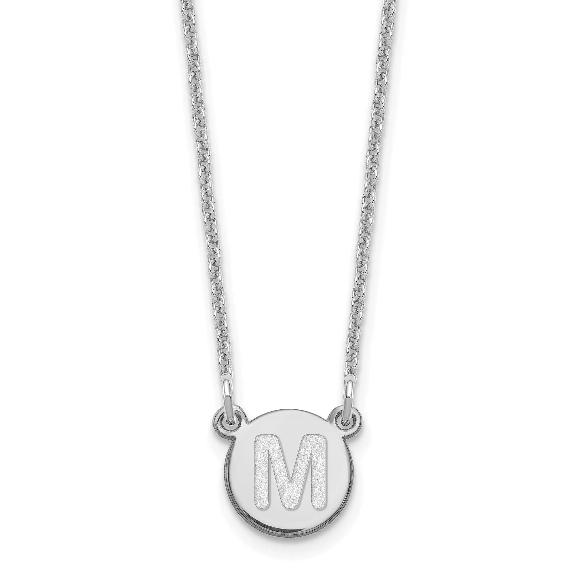 14k White Gold Tiny Circle Block Letter M Initial Pendant and Necklace