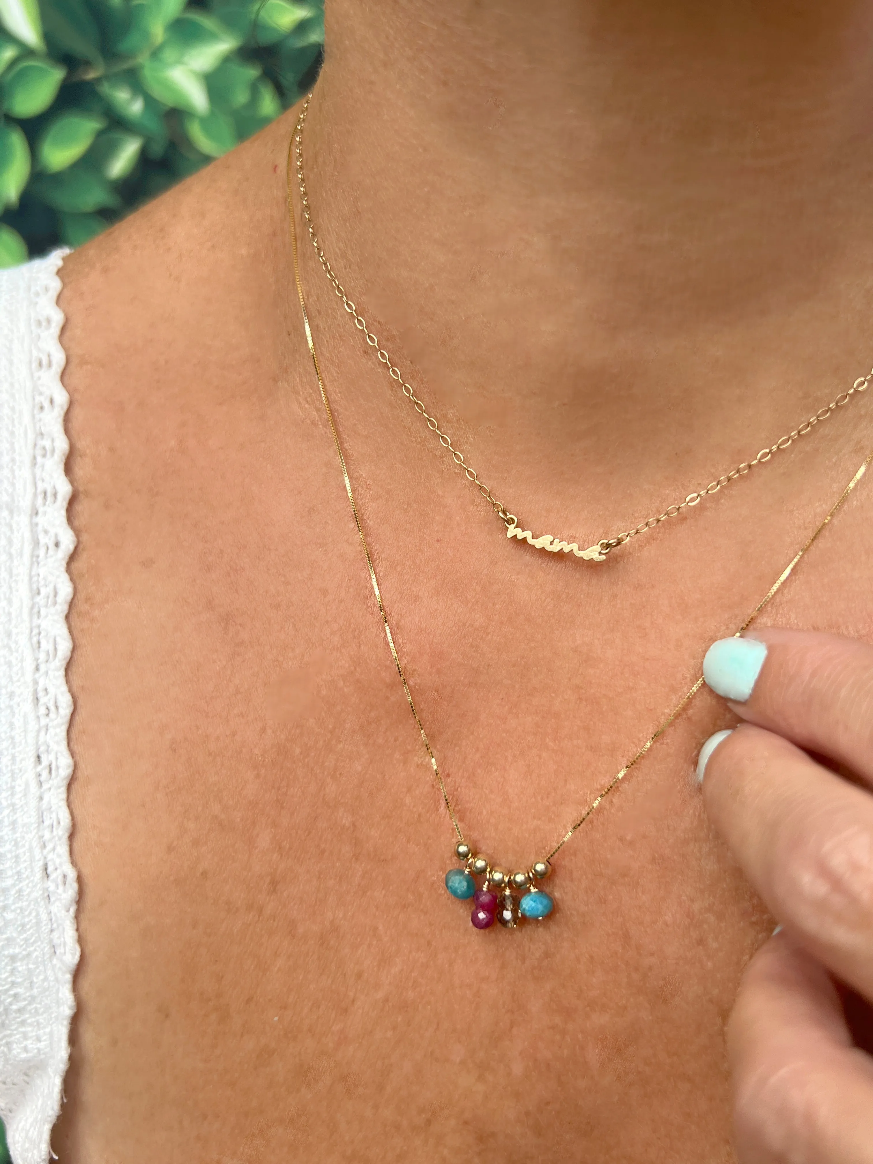 14K Yellow Gold Bead "Movable Beaded" Necklace with Jewel Tone Gemstone Drops