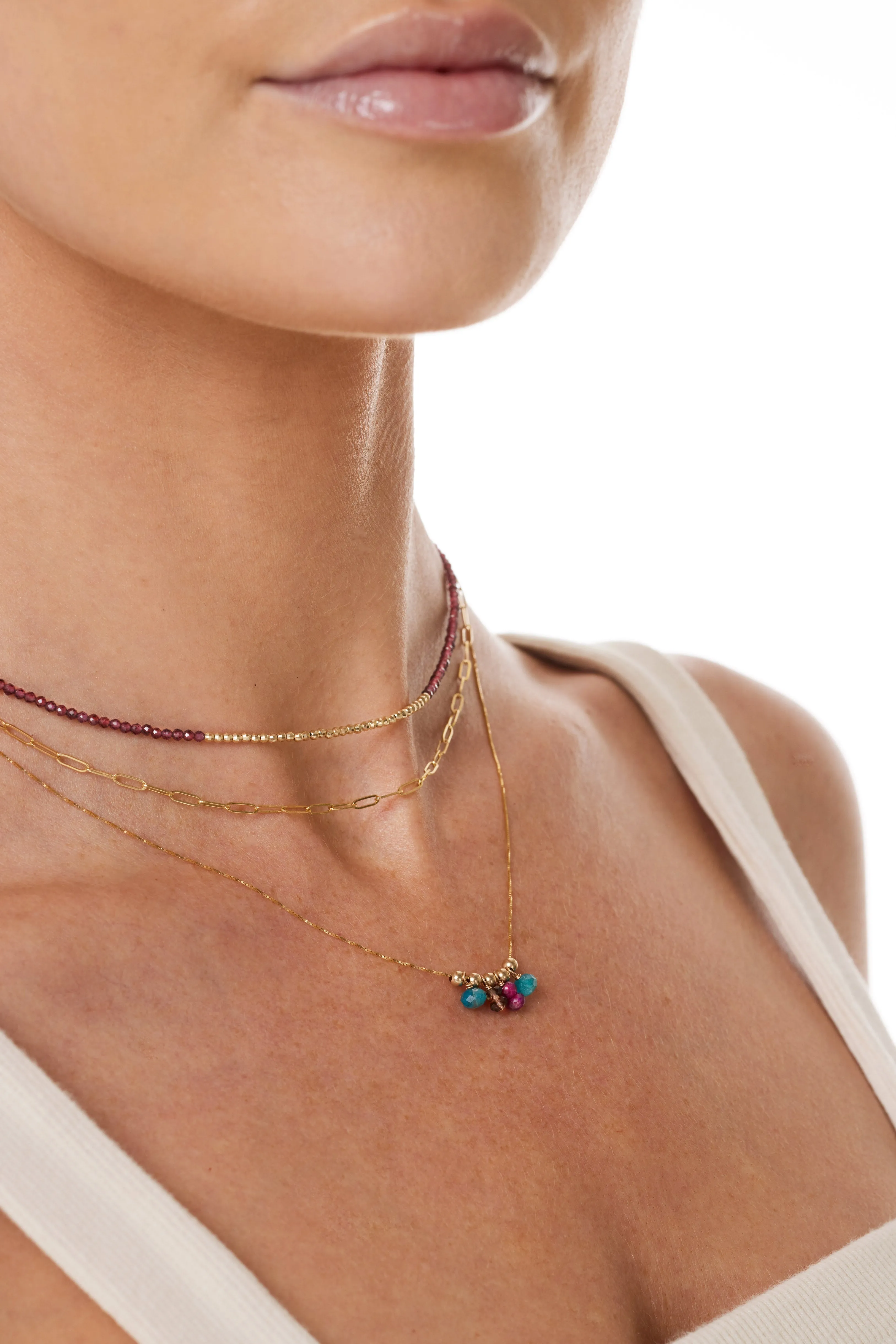 14K Yellow Gold Bead "Movable Beaded" Necklace with Jewel Tone Gemstone Drops