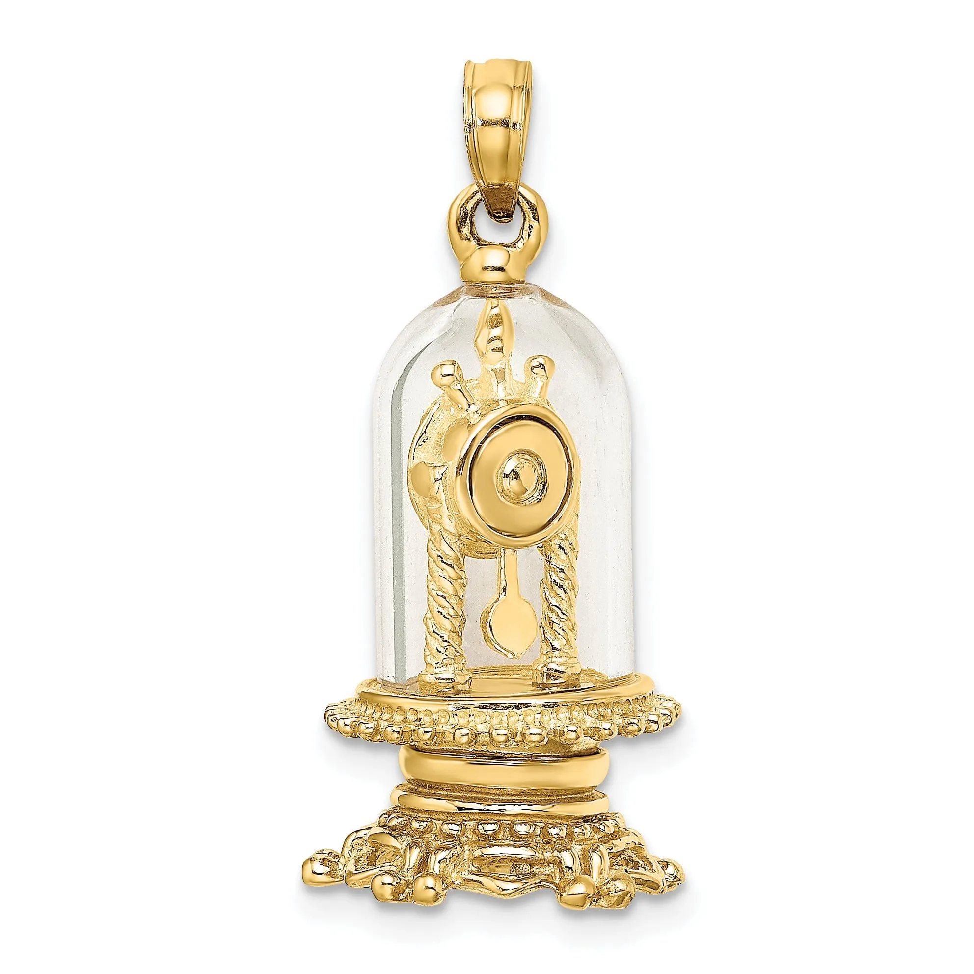 14K Yellow Gold Polished White Enamel Finish 3-Dimensional Moveable Clock In Glass Dome Charm Pendant