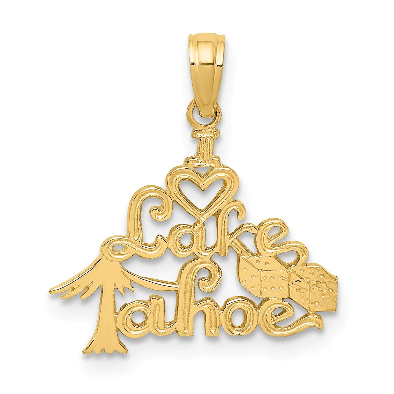 14K Yellow Gold Textured Polished Finish I HEART LAKE TAHOE with Dice Design Charm Pendant
