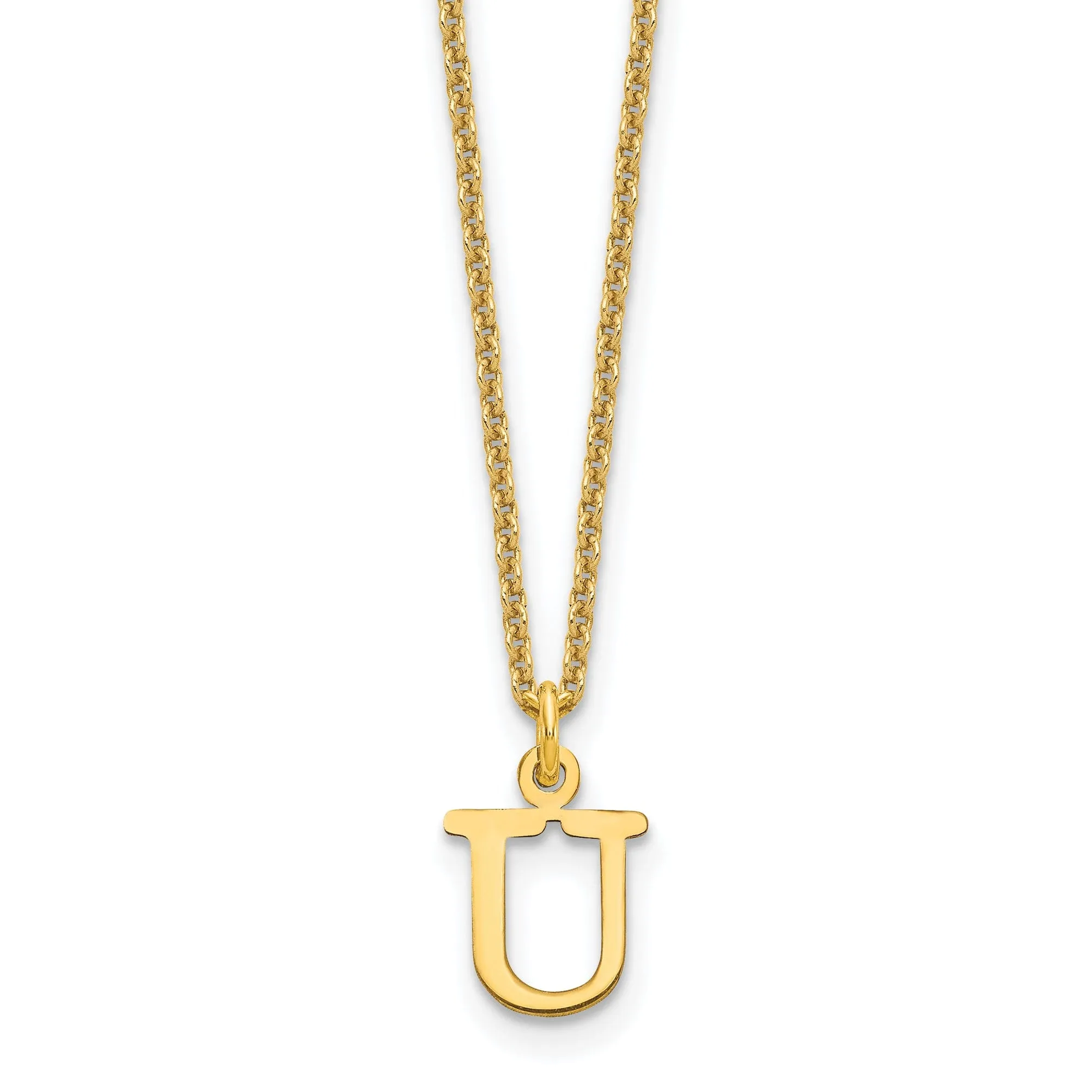 14k Yellow Gold Tiny Cut Out Block Letter U Initial Pendant and Necklace