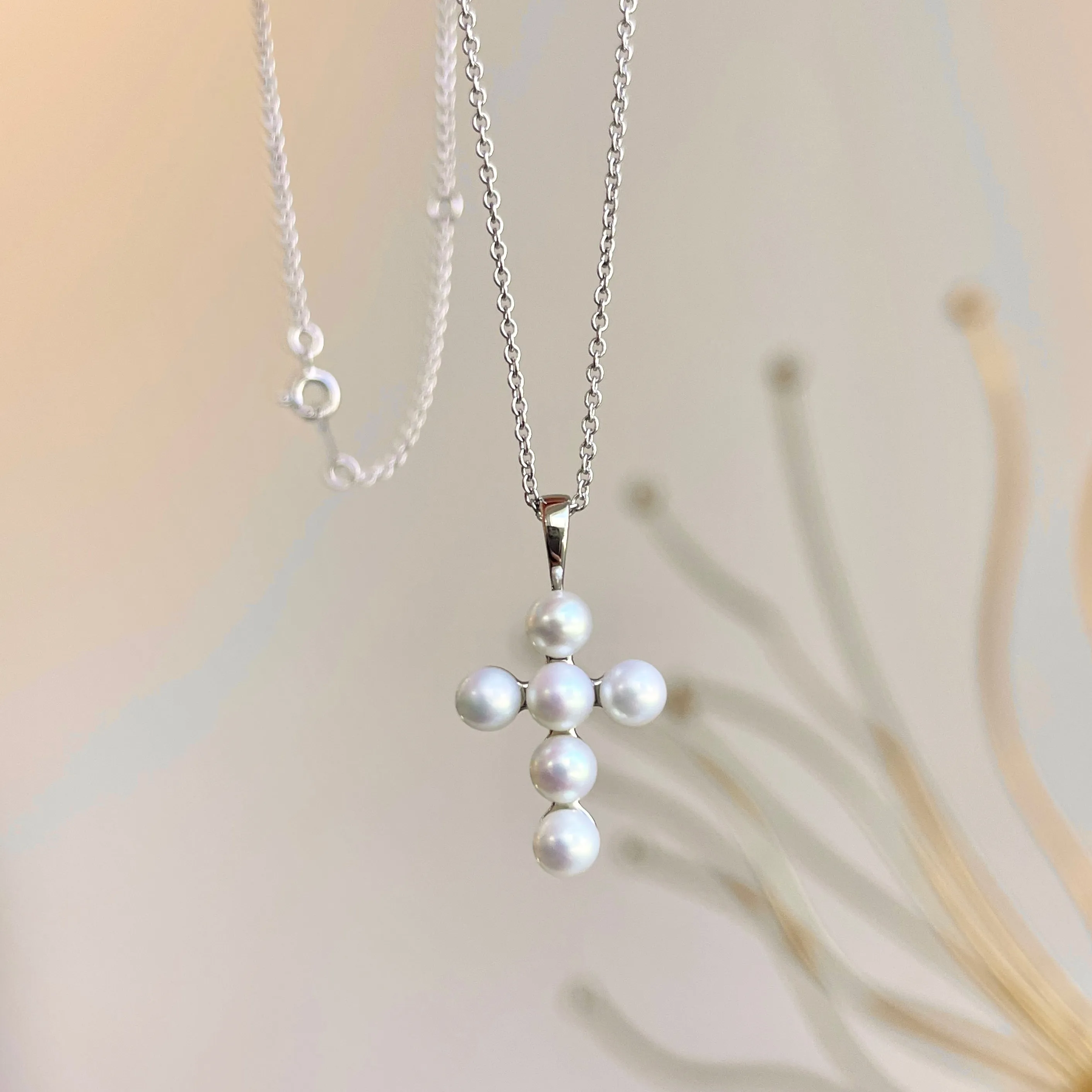 14KT White Gold Freshwater White Pearl Cross Necklace