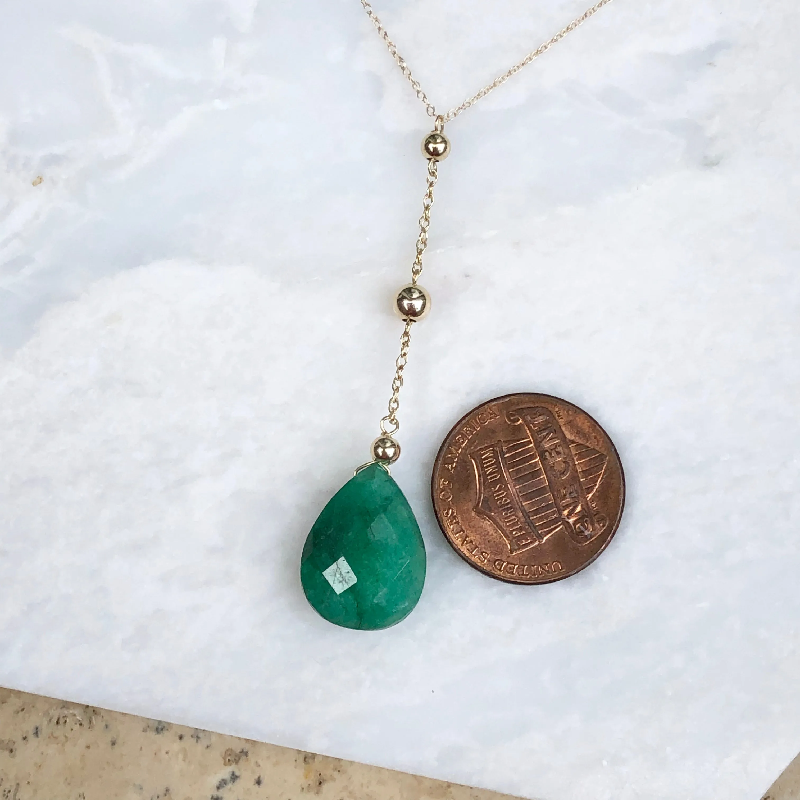 14KT Yellow Gold Pear Emerald Y Chain Lariat Necklace