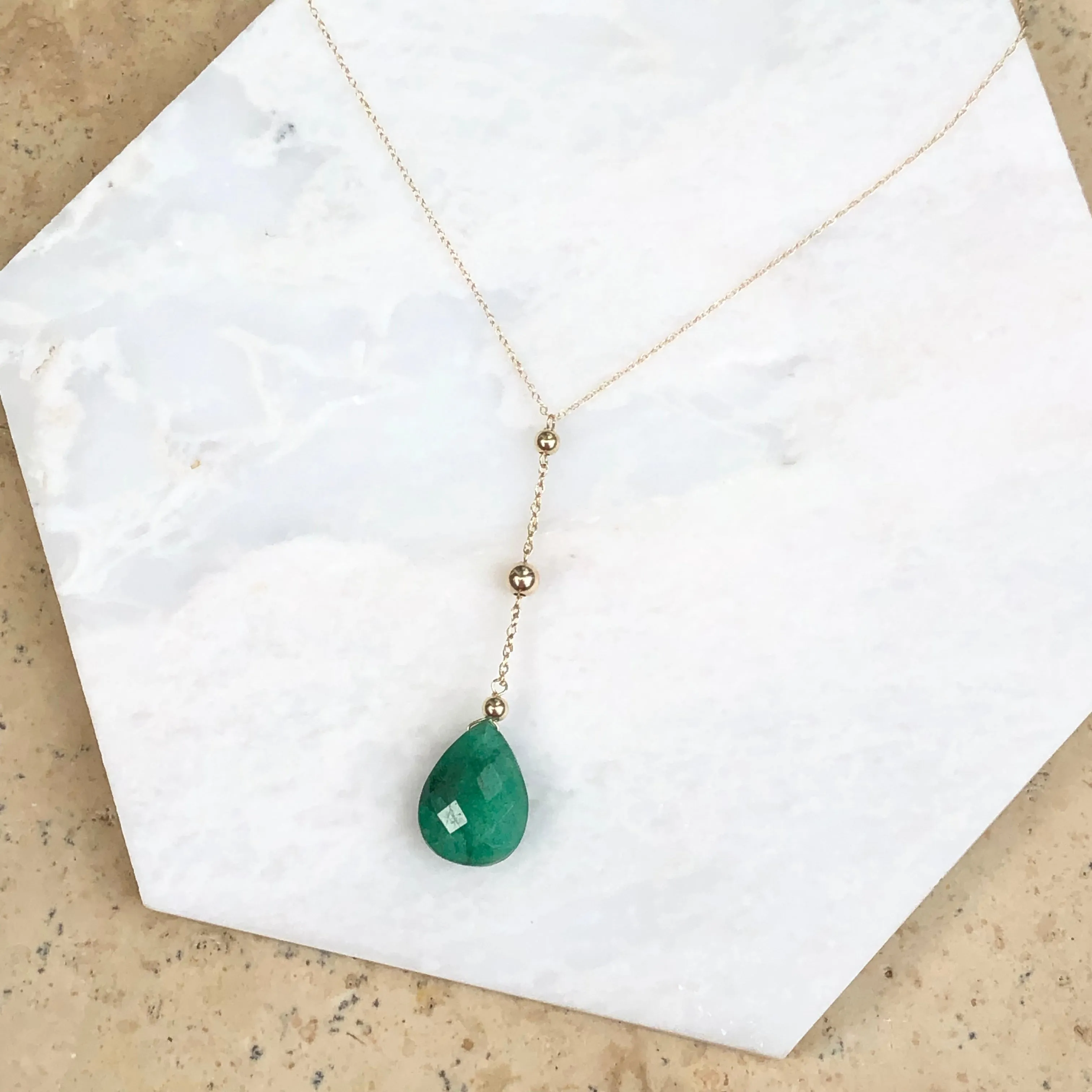 14KT Yellow Gold Pear Emerald Y Chain Lariat Necklace
