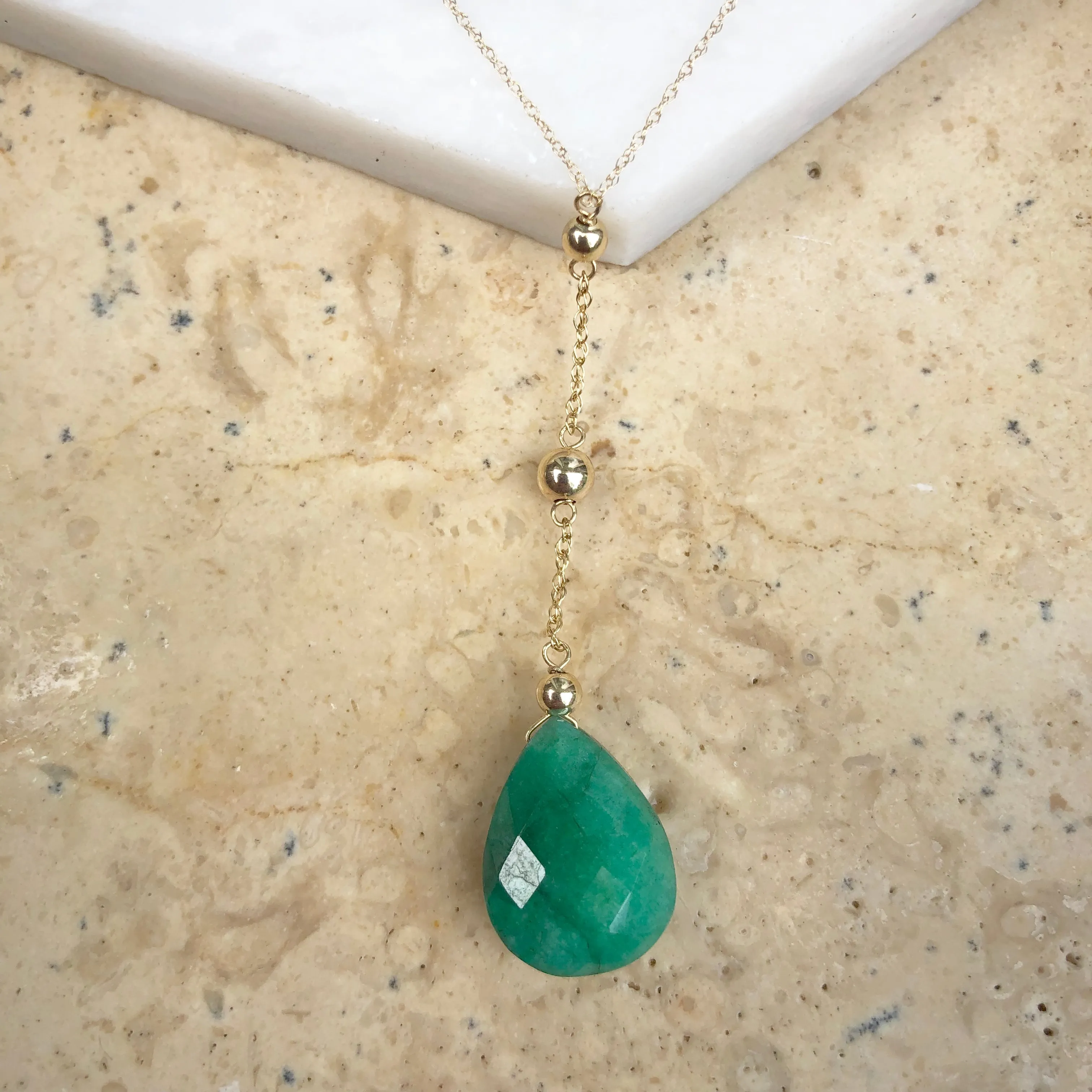 14KT Yellow Gold Pear Emerald Y Chain Lariat Necklace